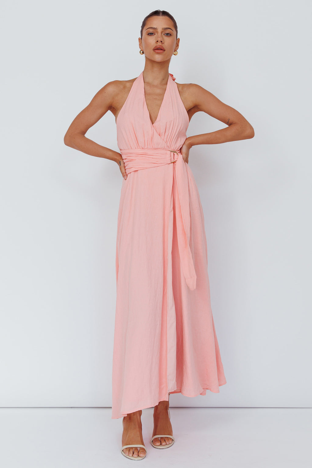 Spring Feels Halterneck Belt Maxi Dress Peach by Selfie Leslie Australia
