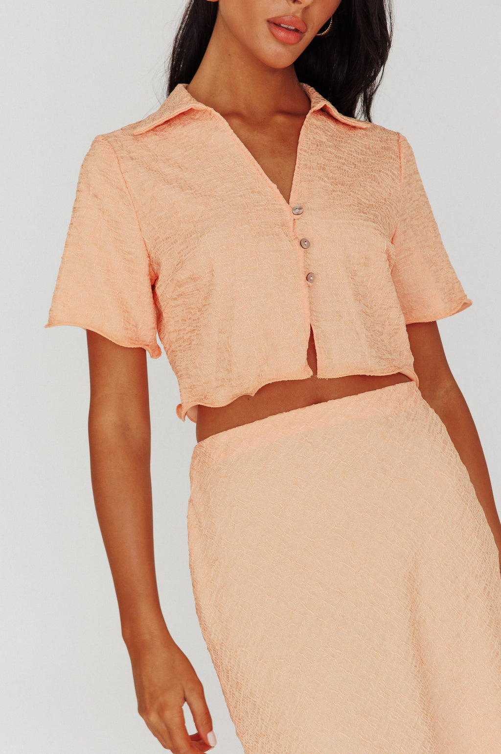 Roman Button-Up Crop Top Textured Melon by Selfie Leslie Australia