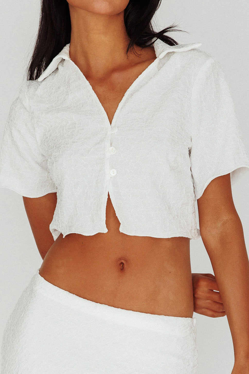 Roman Button-Up Crop Top Textured White by Selfie Leslie Australia