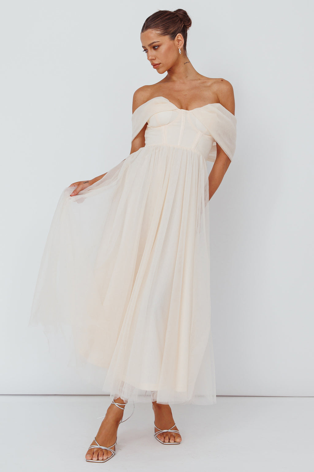 Dreamers & Lovers Off-Shoulder Maxi Dress Vanilla by Selfie Leslie Australia