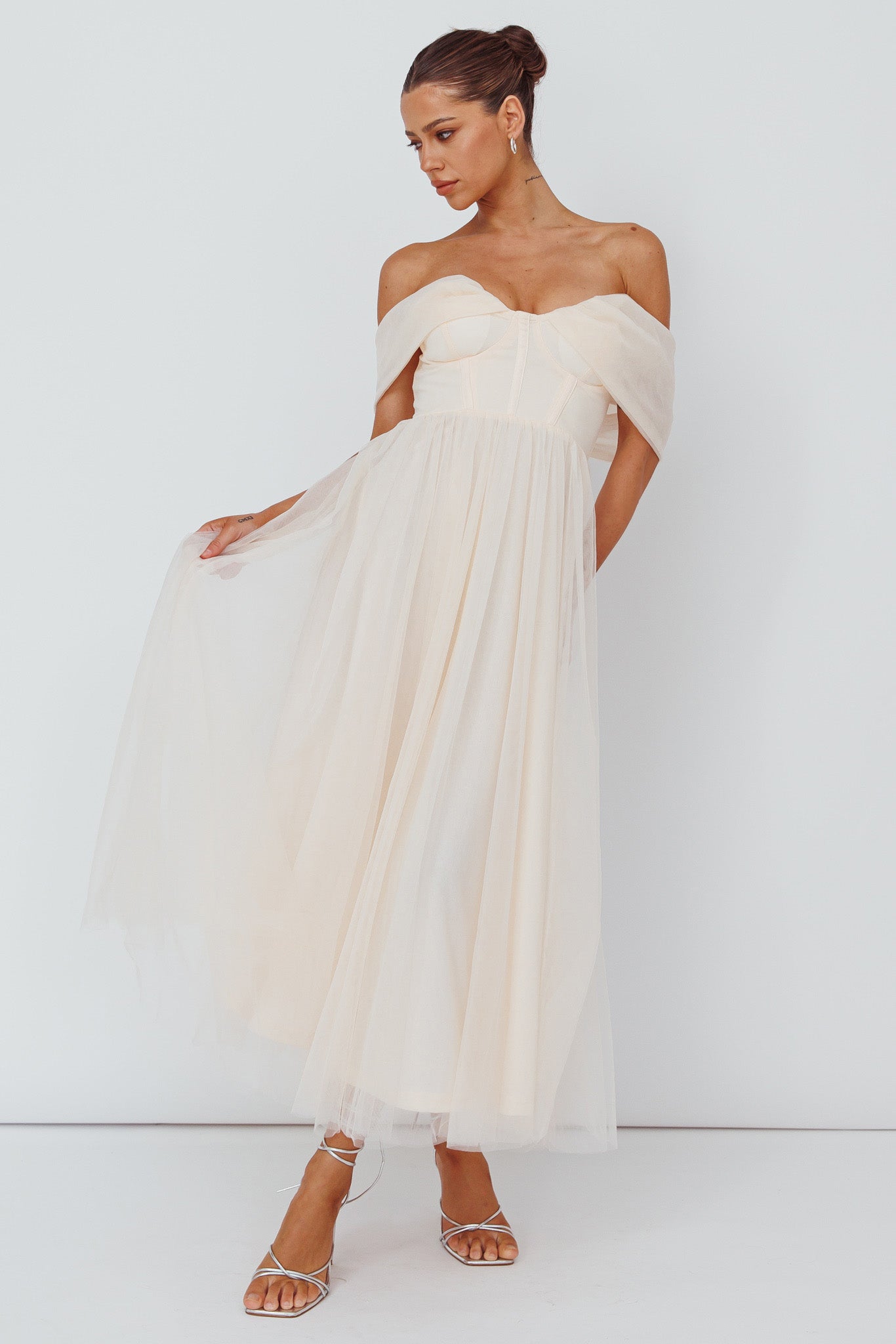Dreamers & Lovers Off-Shoulder Maxi Dress Vanilla by Selfie Leslie Australia