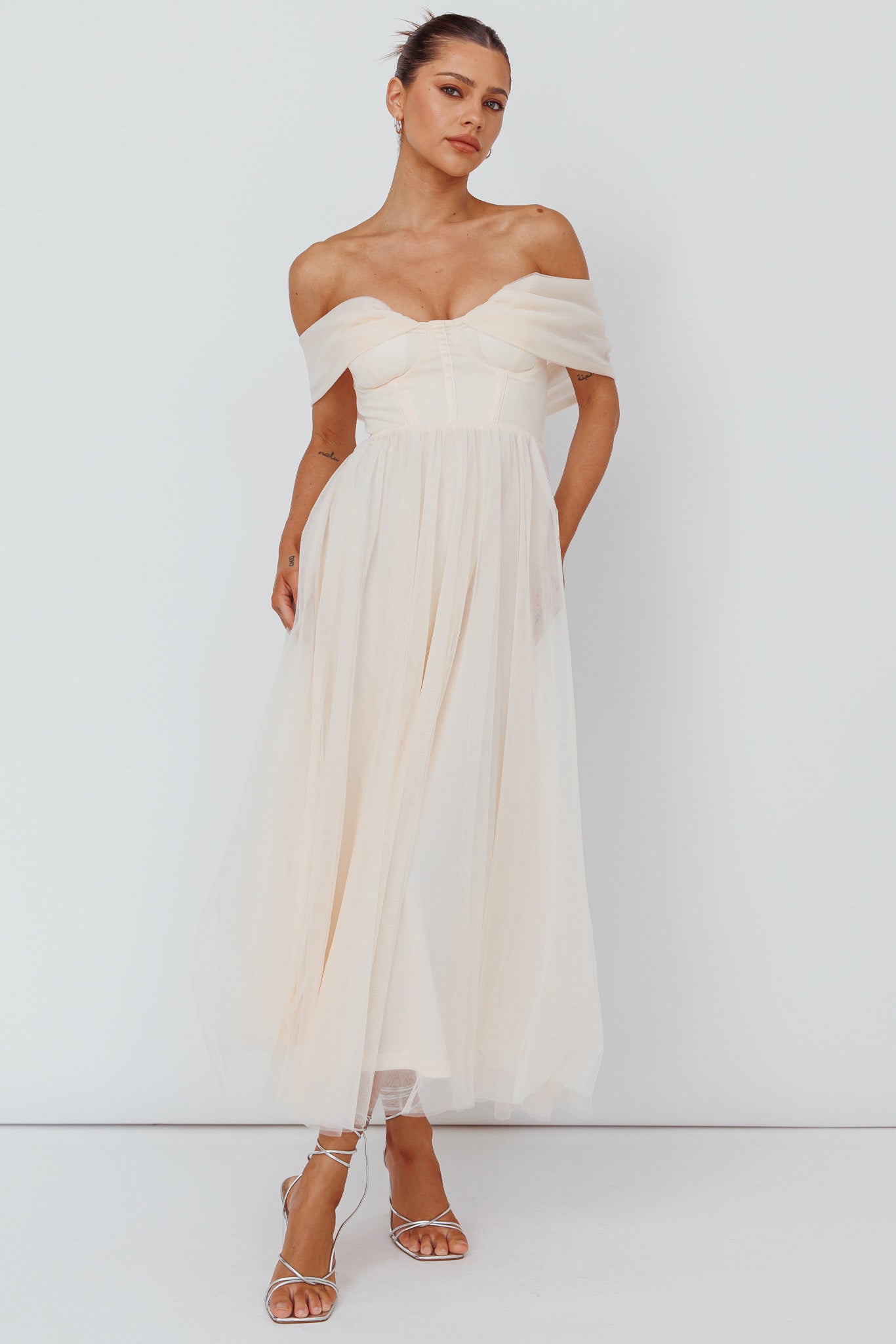 Dreamers & Lovers Off-Shoulder Maxi Dress Vanilla by Selfie Leslie Australia