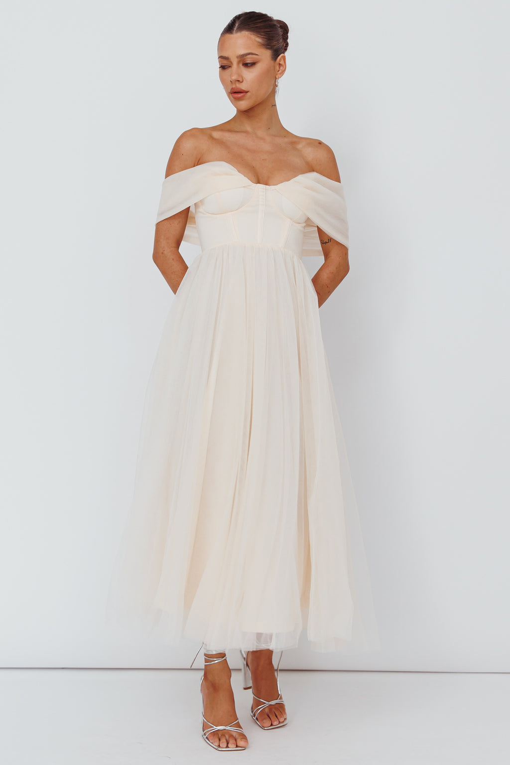 Dreamers & Lovers Off-Shoulder Maxi Dress Vanilla by Selfie Leslie Australia