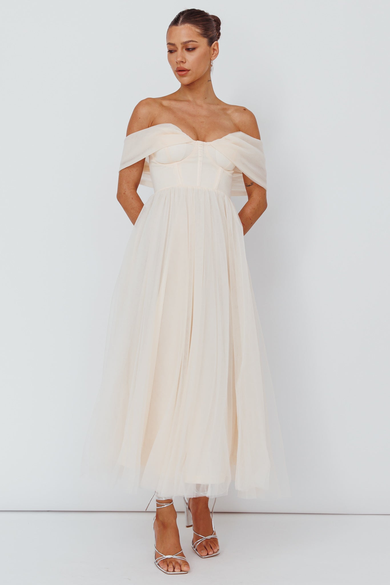 Dreamers & Lovers Off-Shoulder Maxi Dress Vanilla by Selfie Leslie Australia