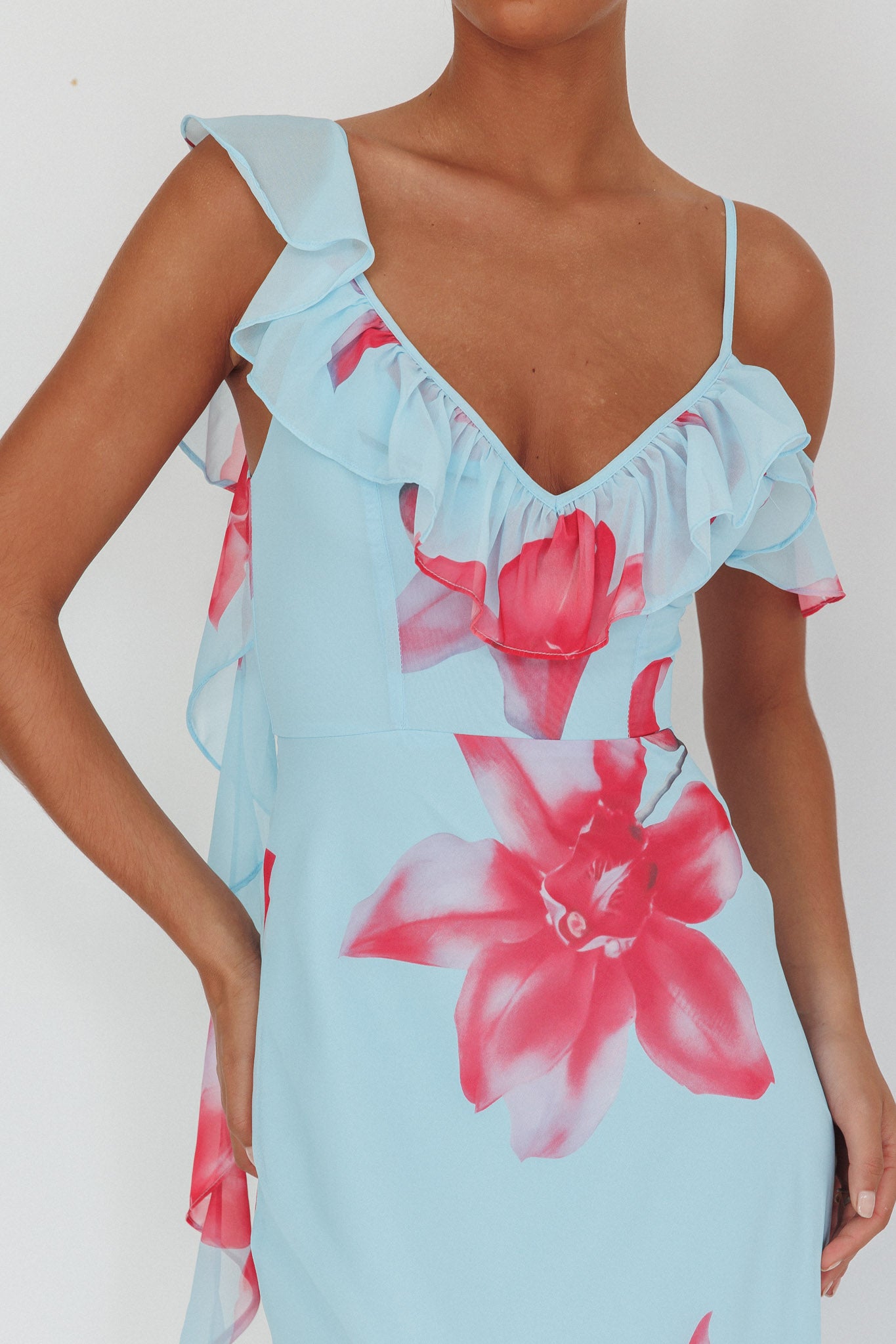 Sun Lover Ruffle Trim Maxi Dress Lily Blue by Selfie Leslie Australia