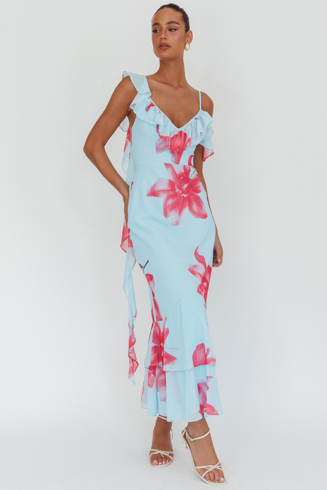 Sun Lover Ruffle Trim Maxi Dress Lily Blue by Selfie Leslie Australia