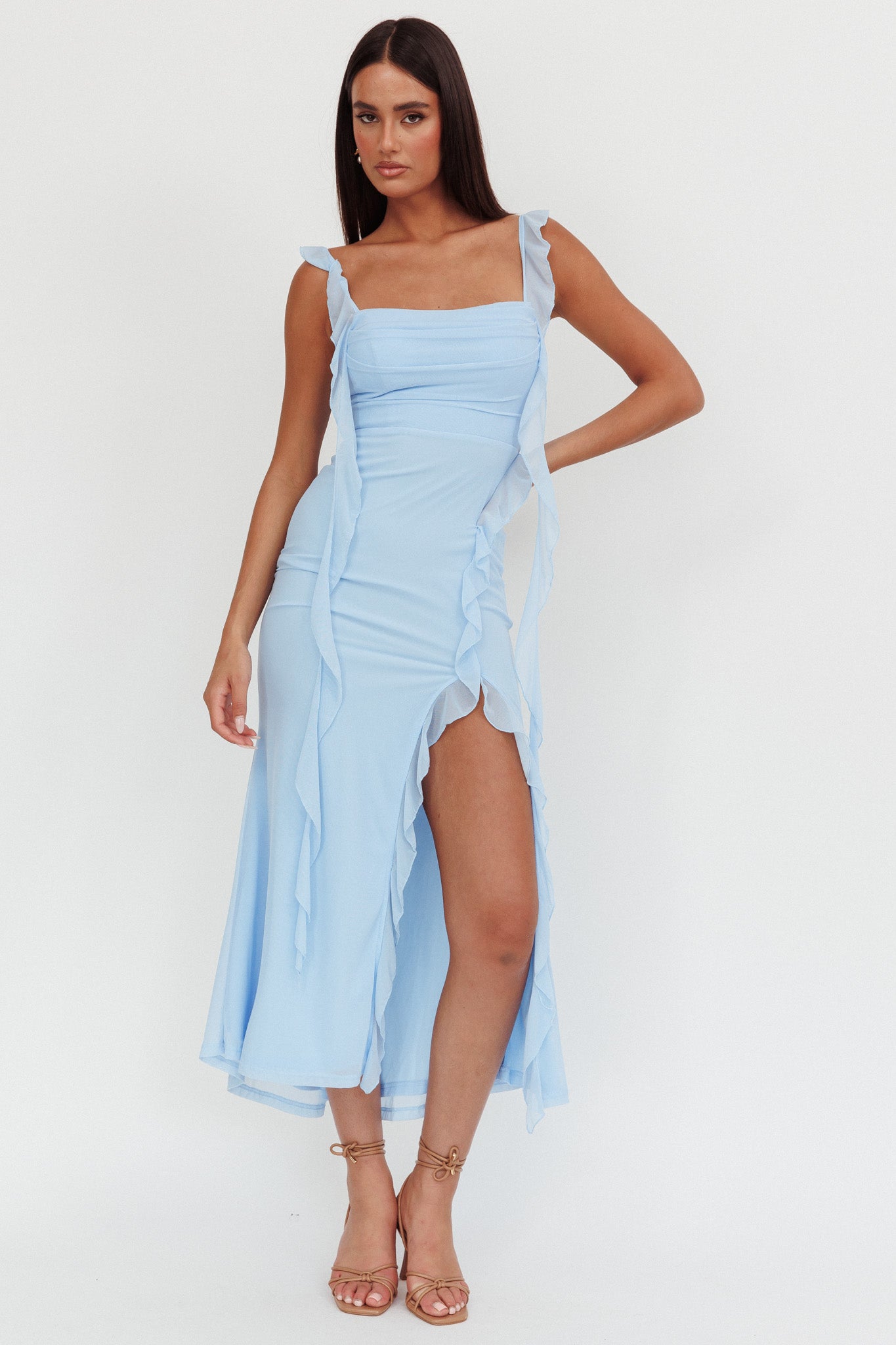 Blushing Ruffle Trim Maxi Dress Blue by Selfie Leslie Australia