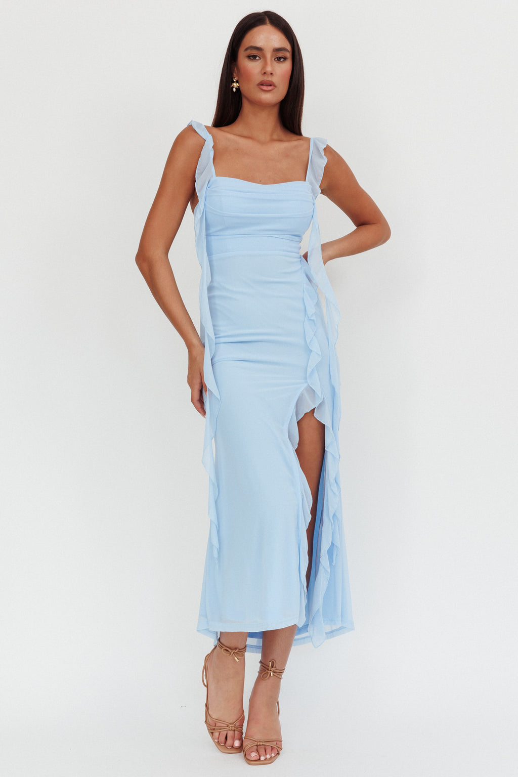 Blushing Ruffle Trim Maxi Dress Blue by Selfie Leslie Australia