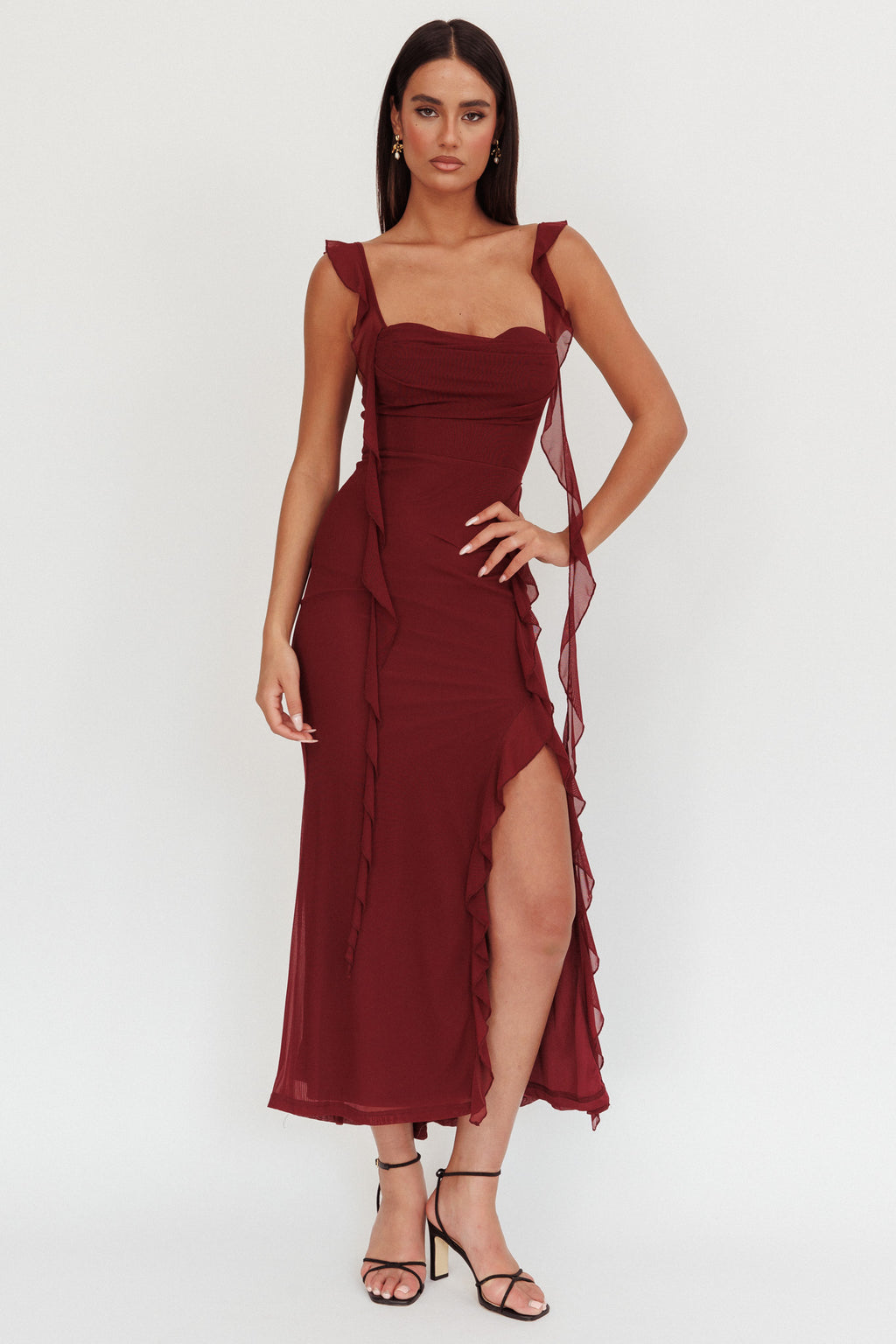 Blushing Ruffle Trim Maxi Dress Wine by Selfie Leslie Australia