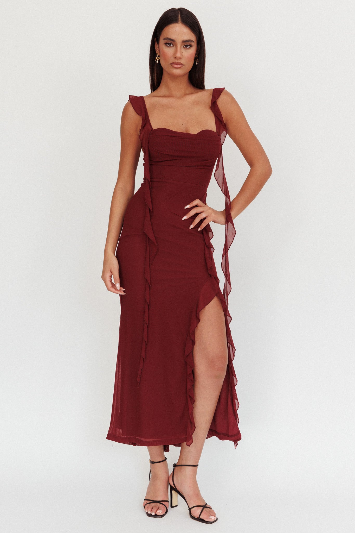 Blushing Ruffle Trim Maxi Dress Wine by Selfie Leslie Australia