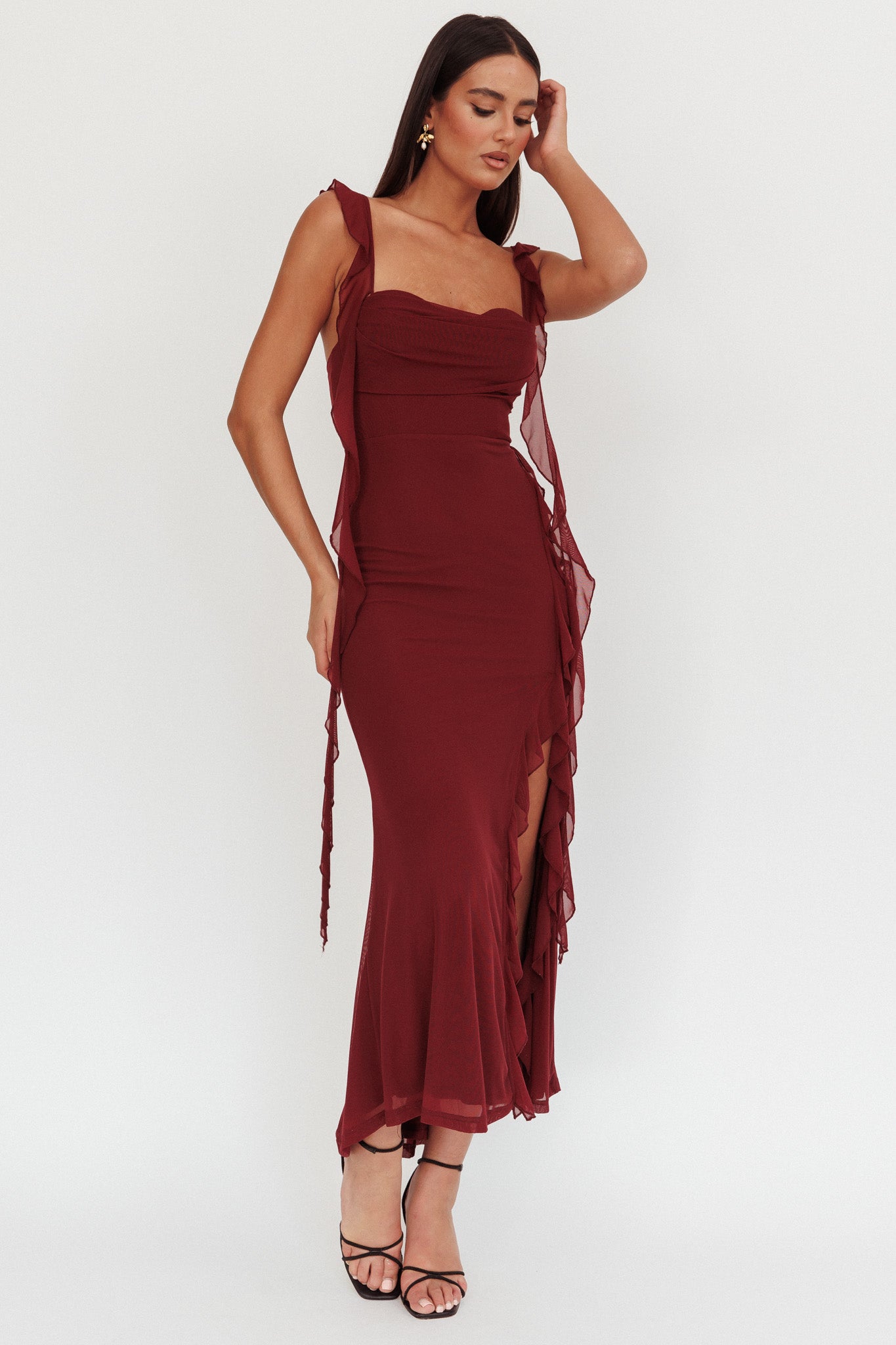 Blushing Ruffle Trim Maxi Dress Wine by Selfie Leslie Australia