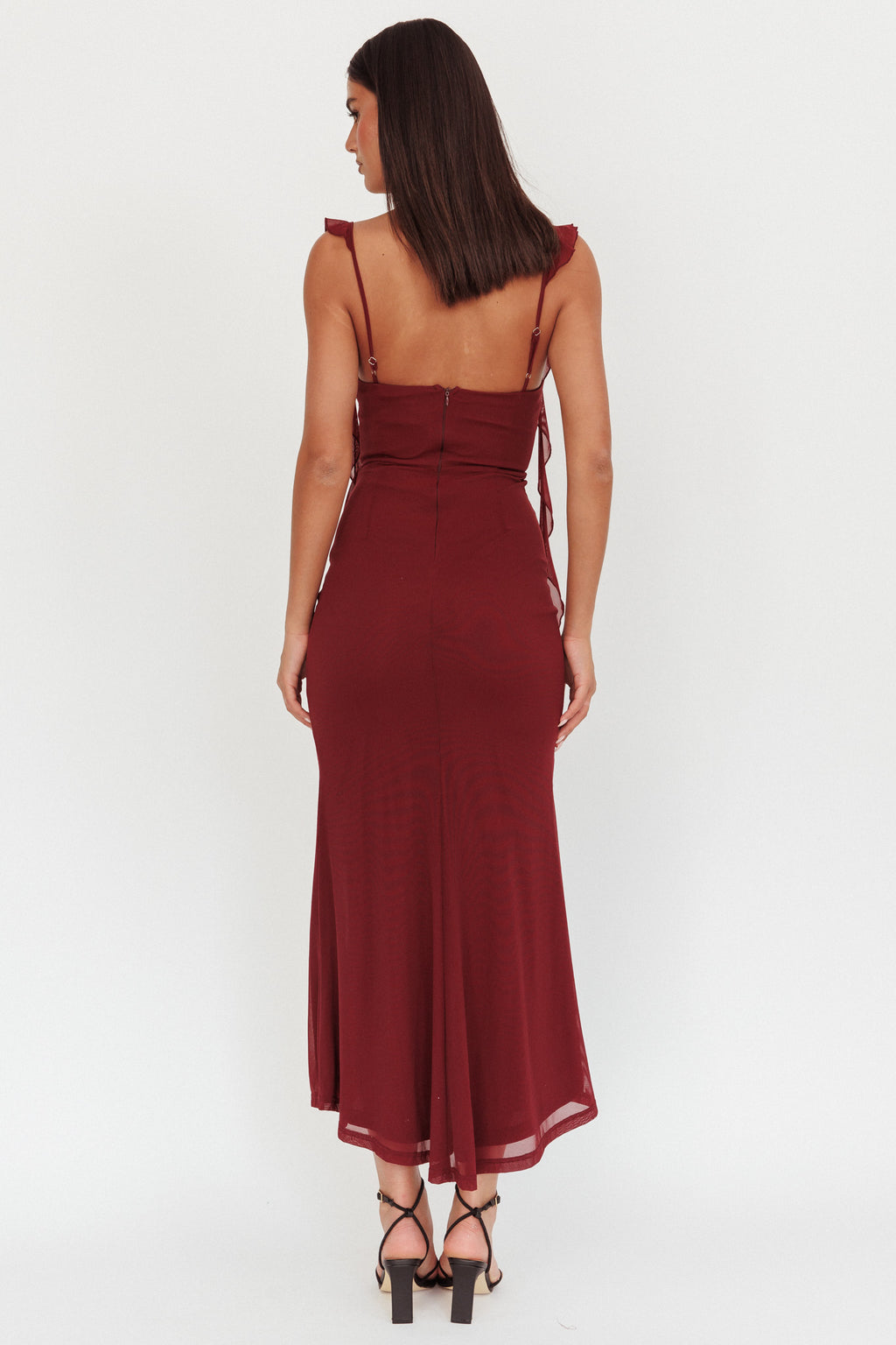 Blushing Ruffle Trim Maxi Dress Wine by Selfie Leslie Australia