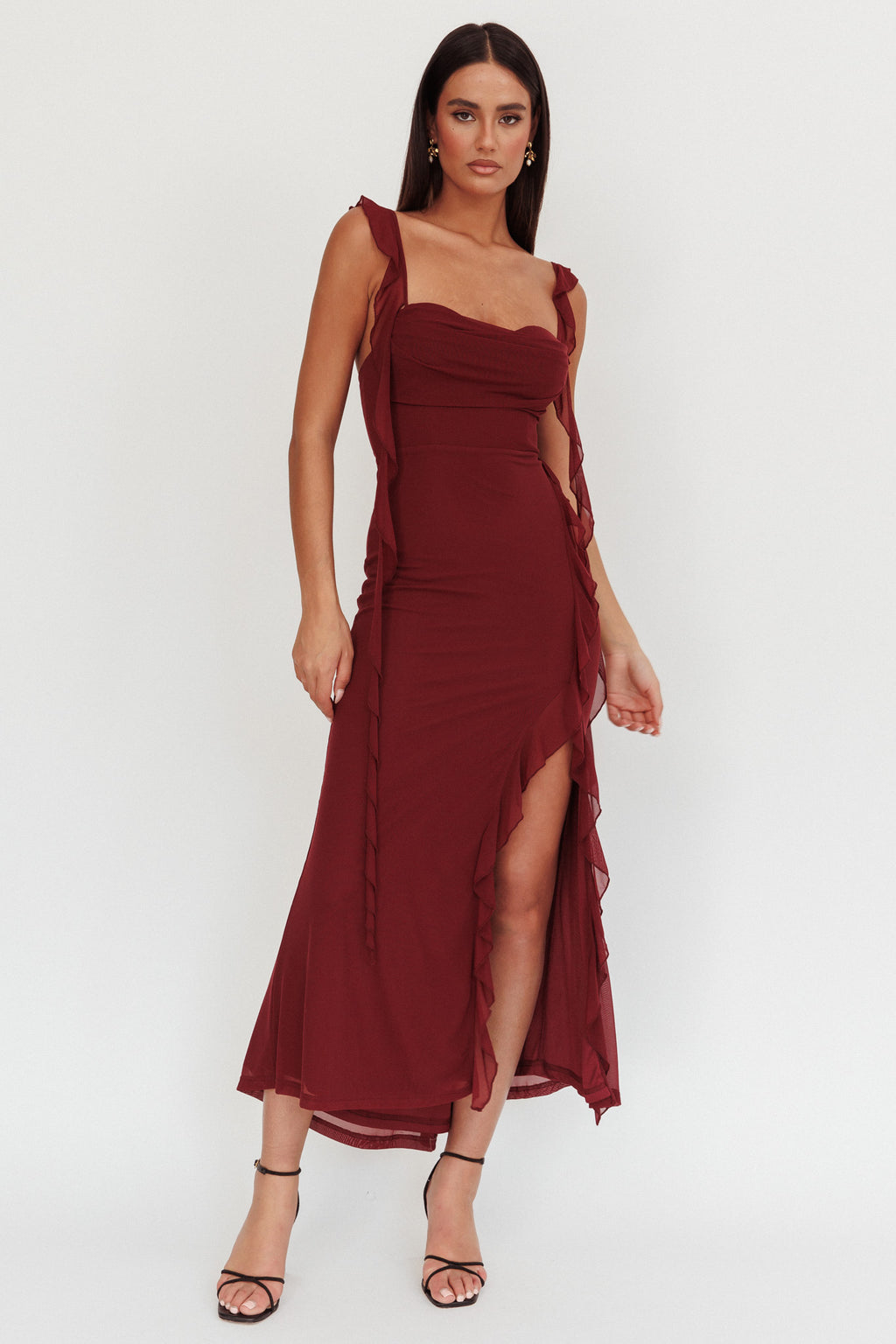 Blushing Ruffle Trim Maxi Dress Wine by Selfie Leslie Australia