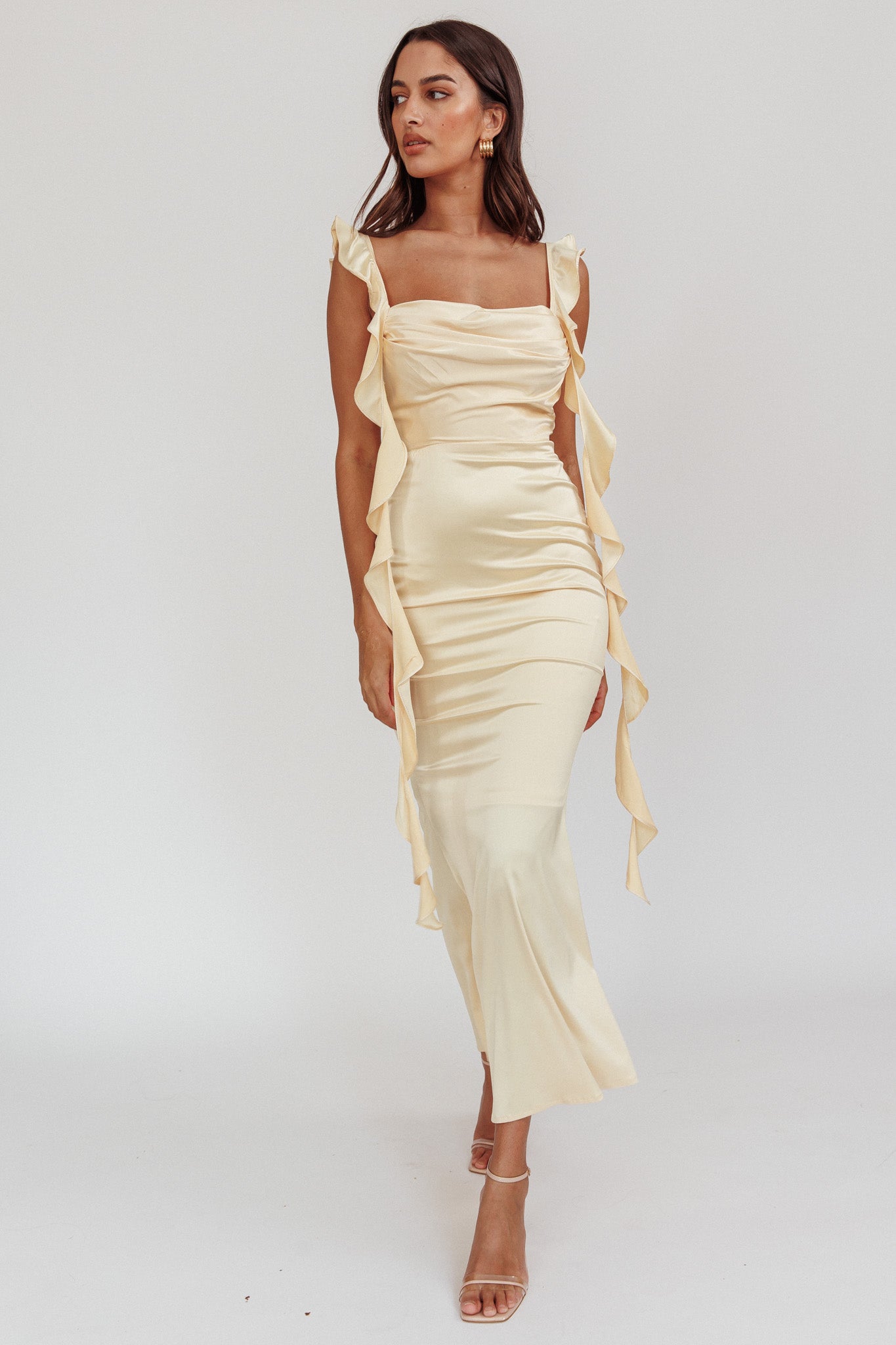 Blushing Ruffle Trim Midi Dress Butter by Selfie Leslie Australia