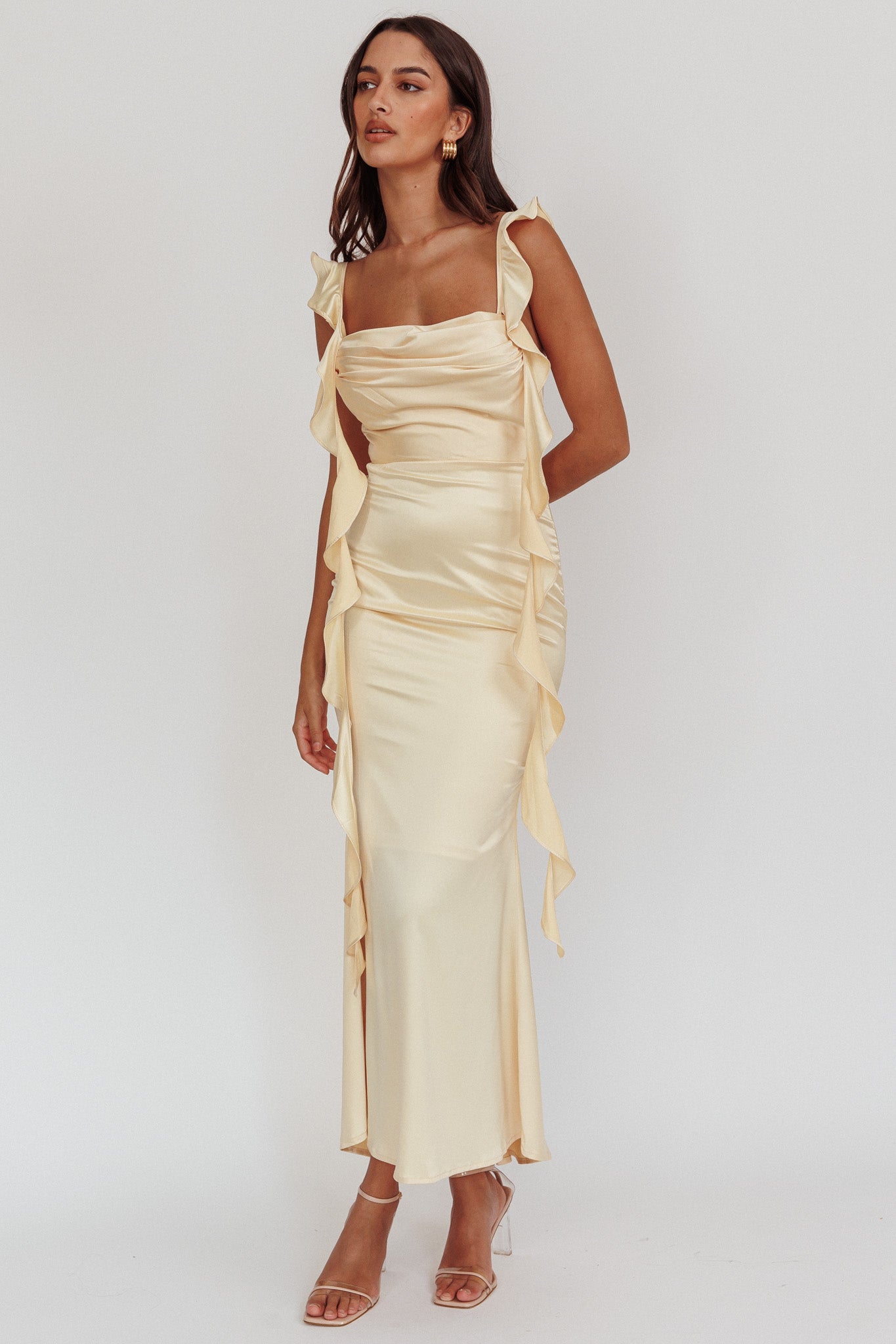 Blushing Ruffle Trim Midi Dress Butter by Selfie Leslie Australia