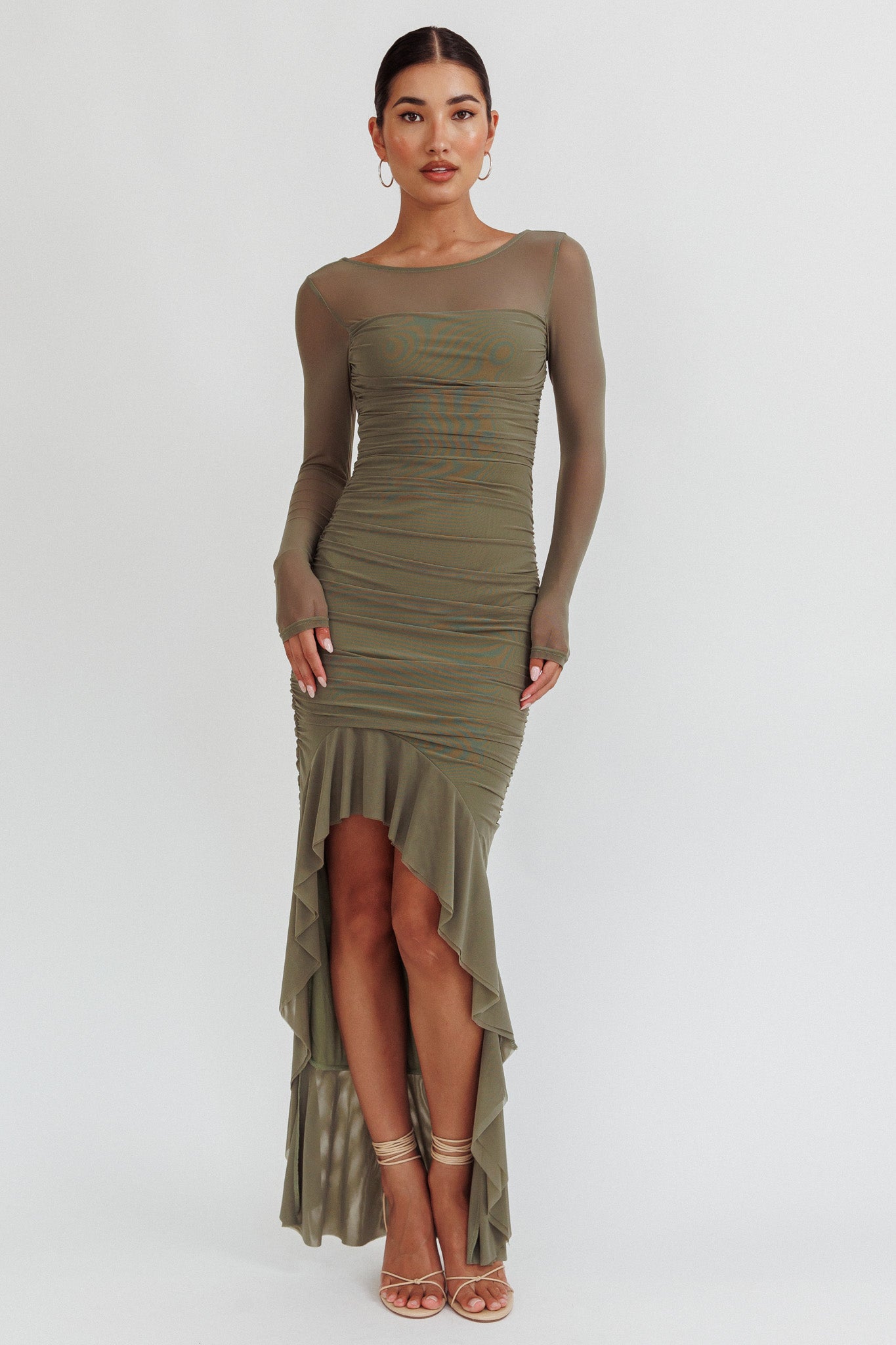 Jozelle Long Sleeve Ruched Maxi Dress Olive by Selfie Leslie Australia