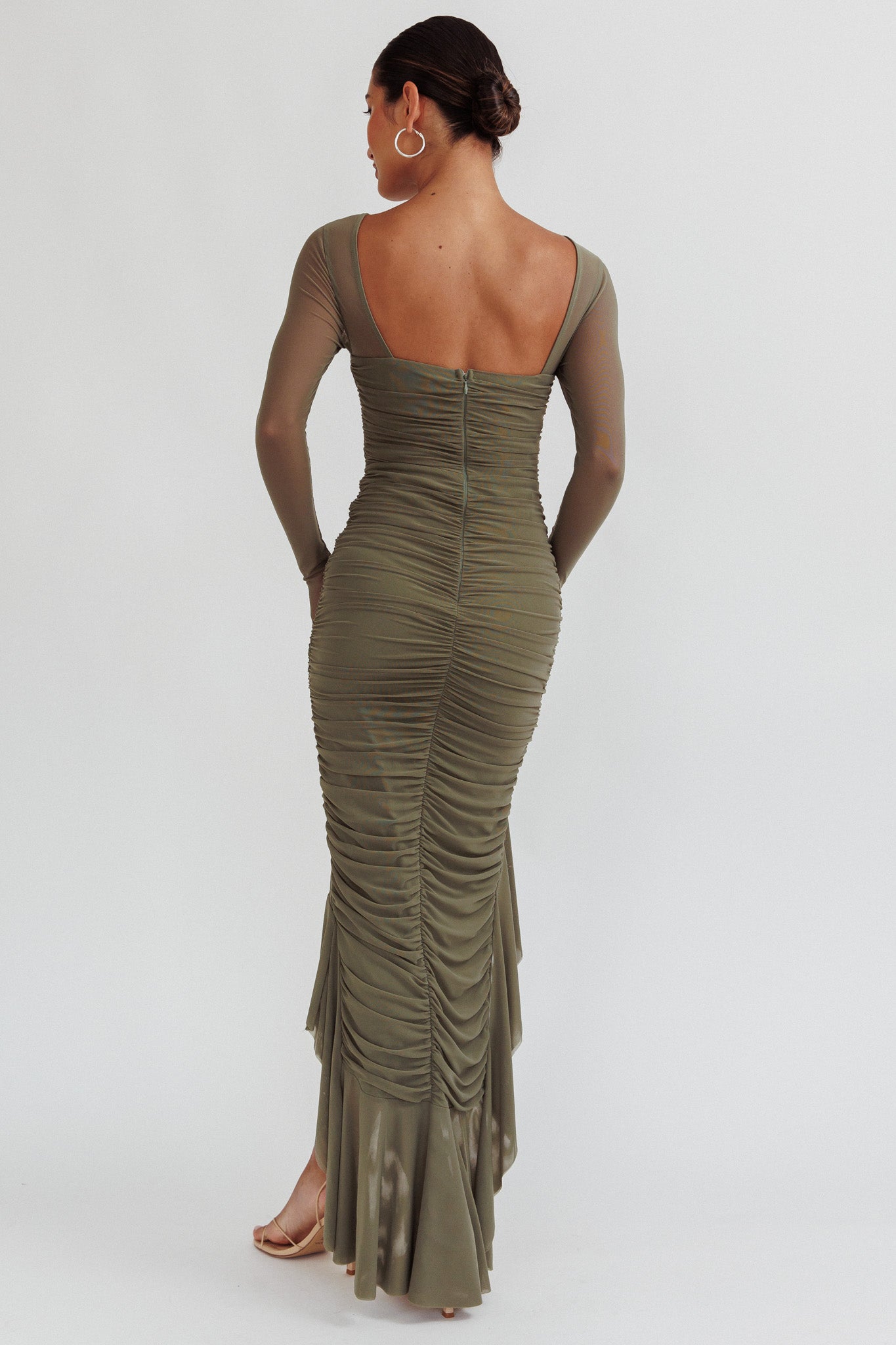 Jozelle Long Sleeve Ruched Maxi Dress Olive by Selfie Leslie Australia