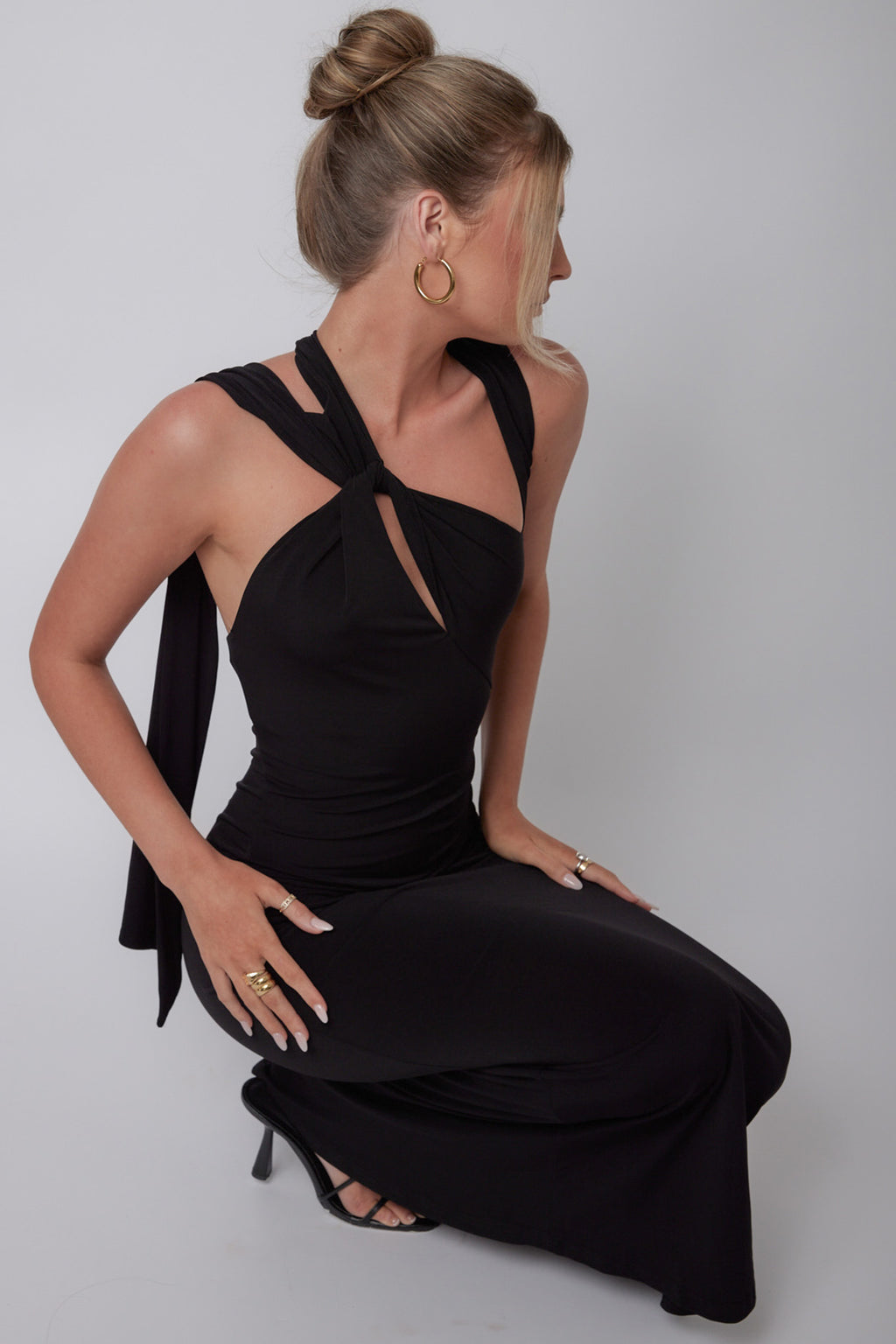 Karyl Shoulder Sash Midi Dress Black by Selfie Leslie Australia