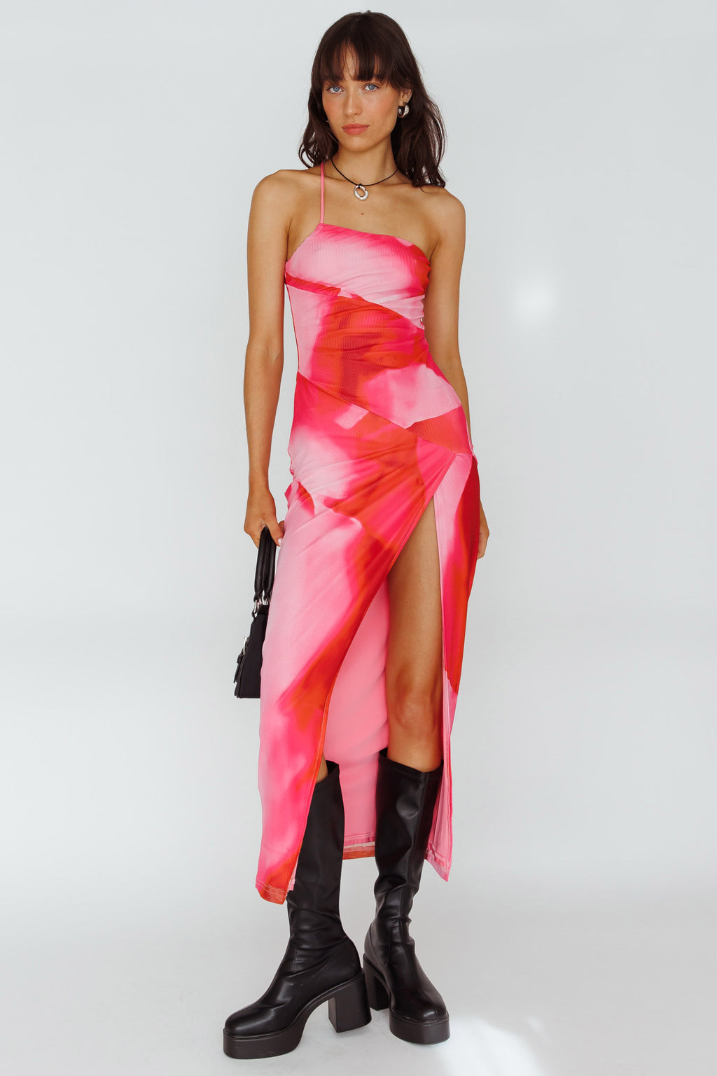 Martine One Strap Mesh Midi Dress Print Pink by Selfie Leslie Australia