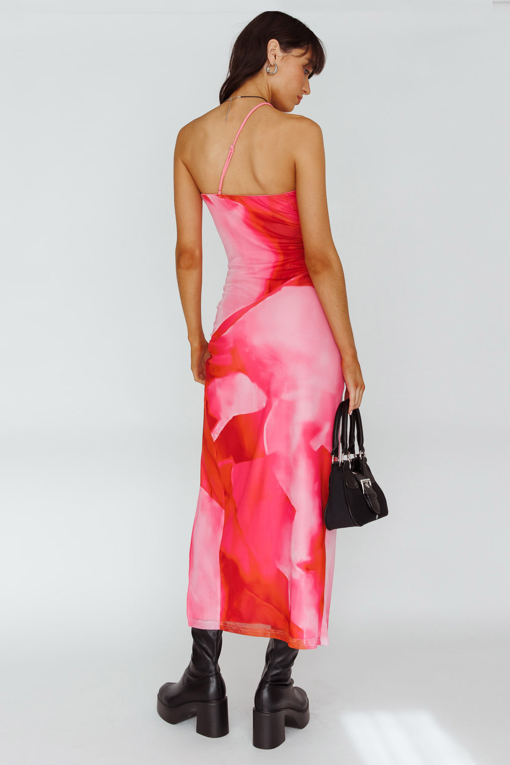 Martine One Strap Mesh Midi Dress Print Pink by Selfie Leslie Australia