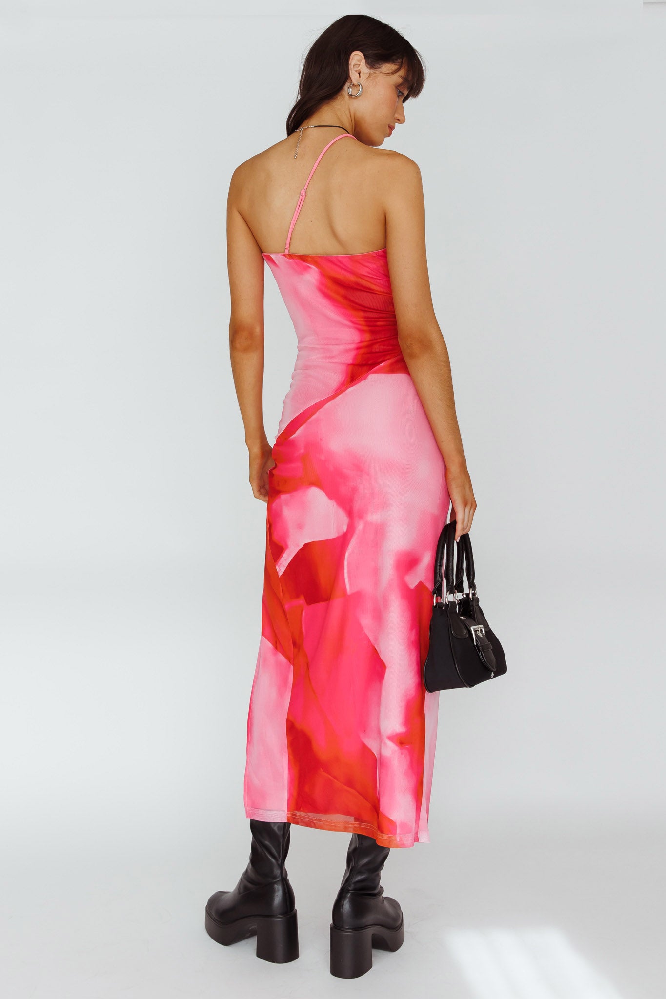 Martine One Strap Mesh Midi Dress Print Pink by Selfie Leslie Australia
