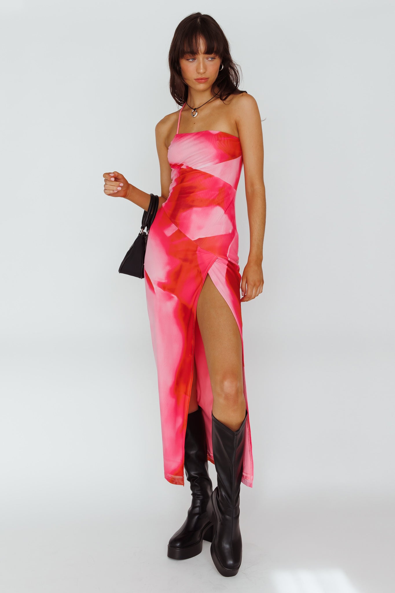 Martine One Strap Mesh Midi Dress Print Pink by Selfie Leslie Australia