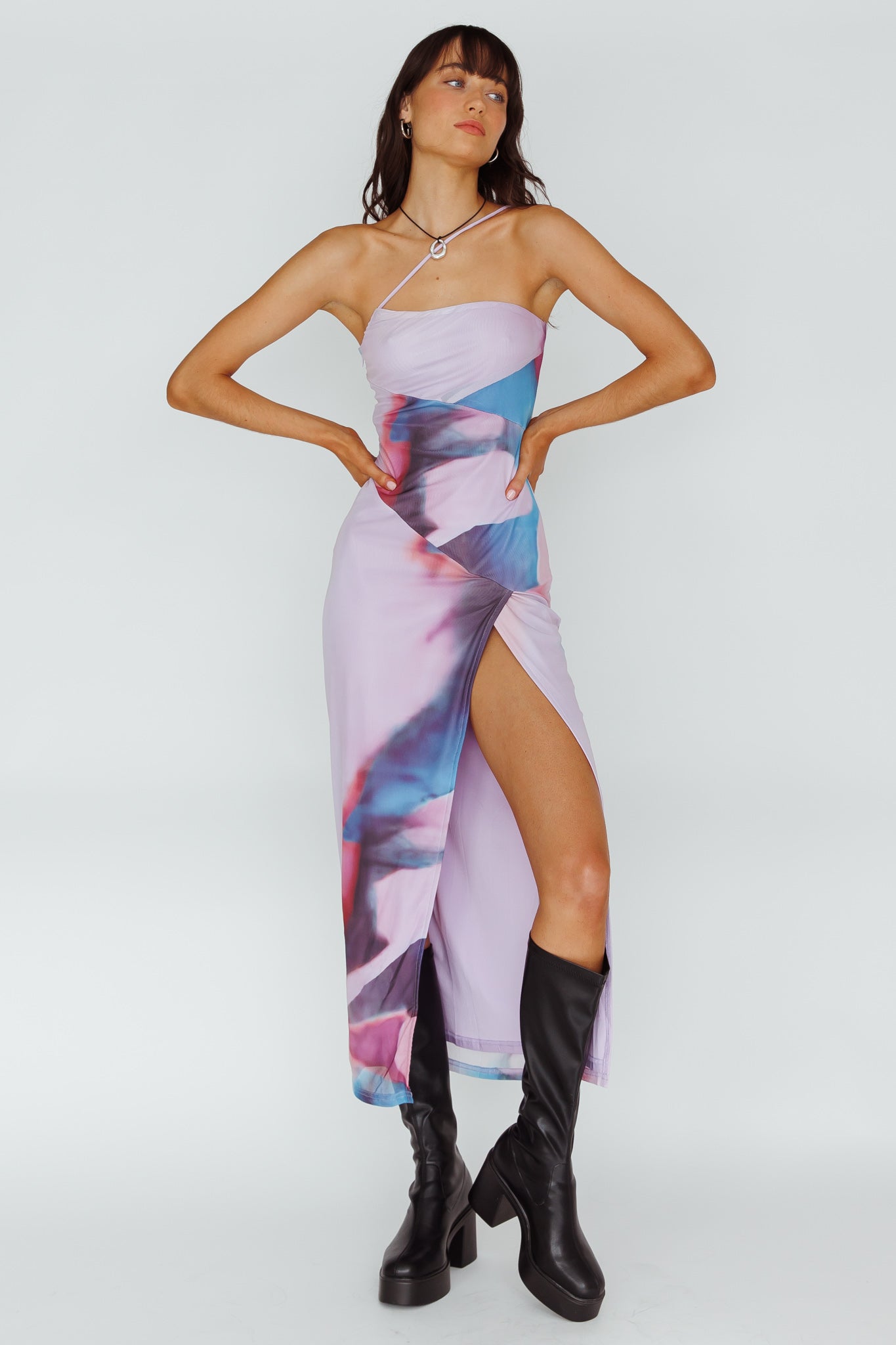 Martine One Strap Mesh Midi Dress Print Plum by Selfie Leslie Australia