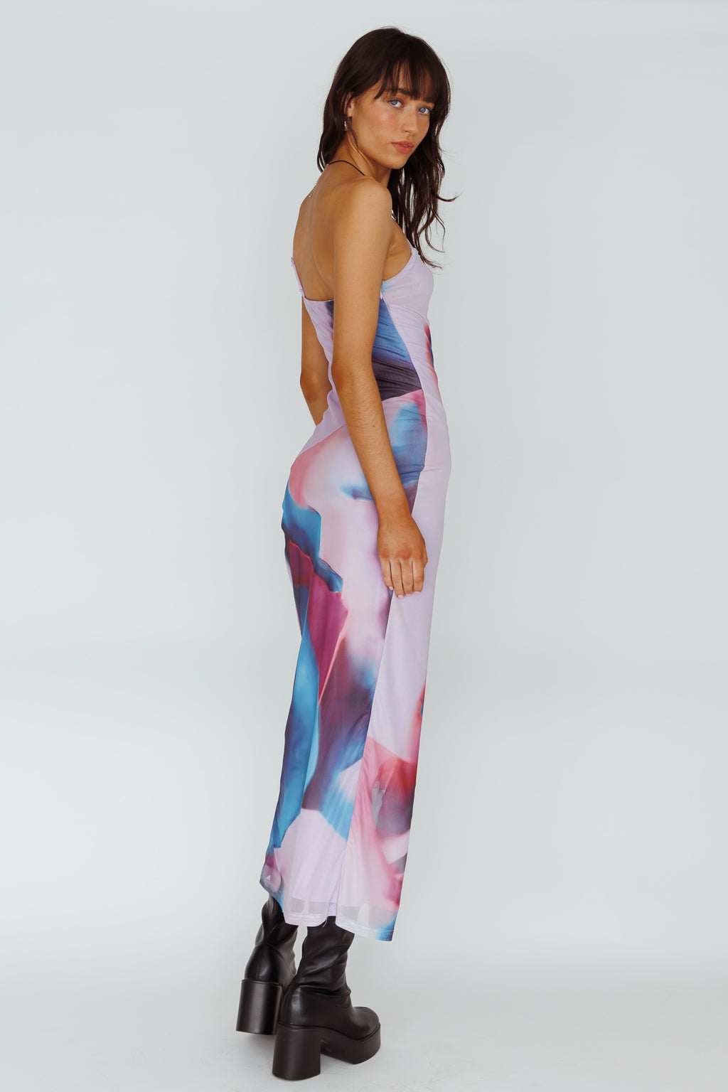 Martine One Strap Mesh Midi Dress Print Plum by Selfie Leslie Australia