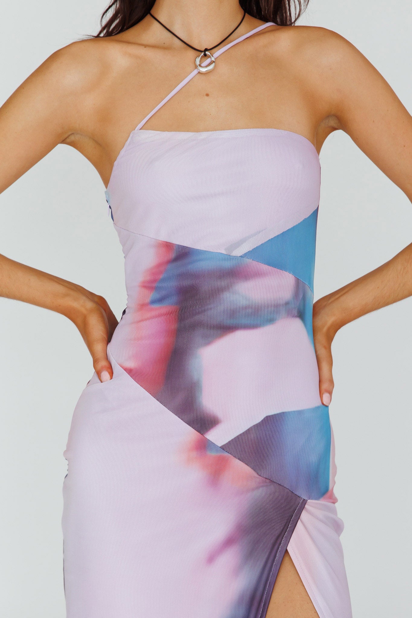 Martine One Strap Mesh Midi Dress Print Plum by Selfie Leslie Australia