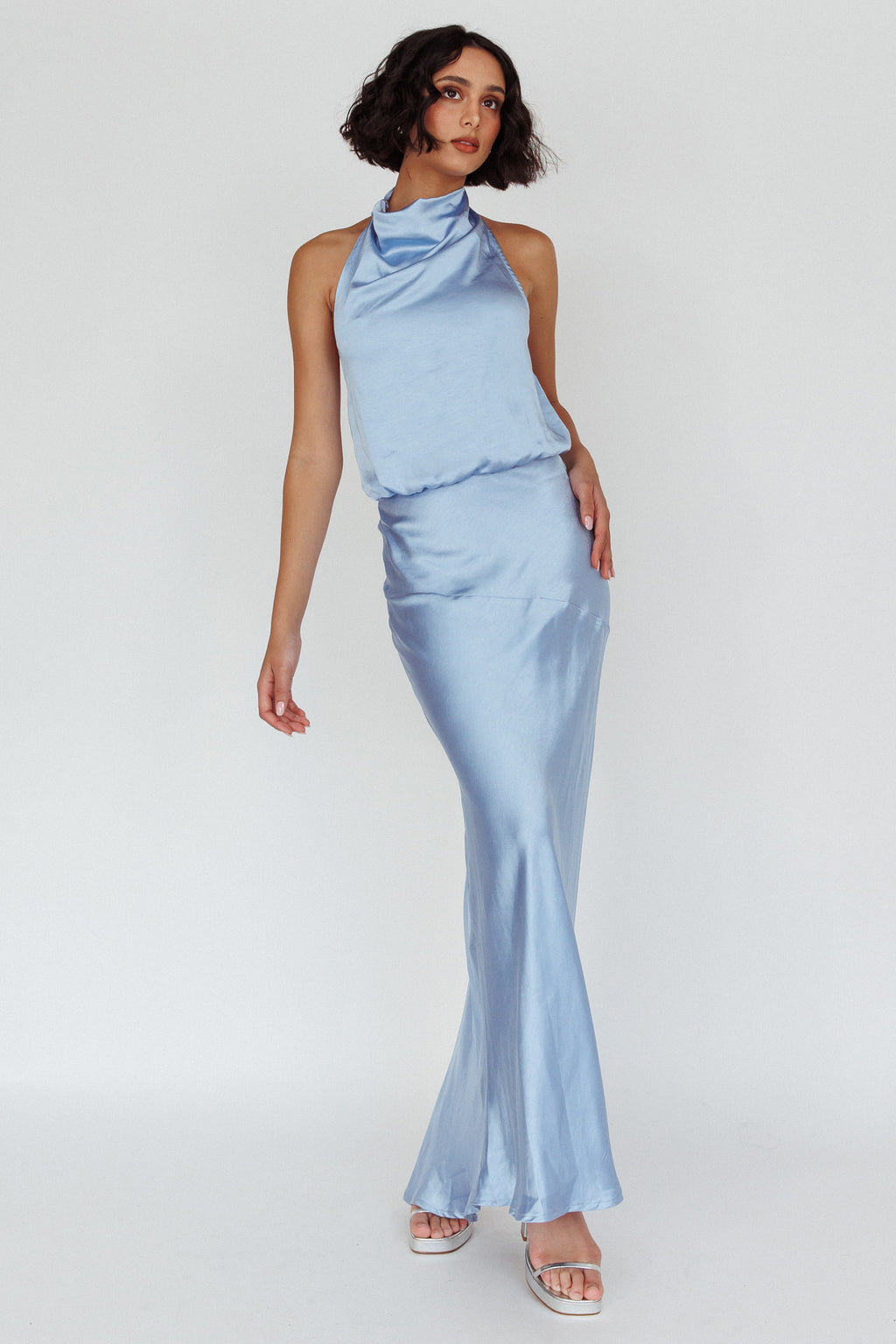 Amalfi Sunset Cowl Halterneck Maxi Dress Sky by Selfie Leslie Australia