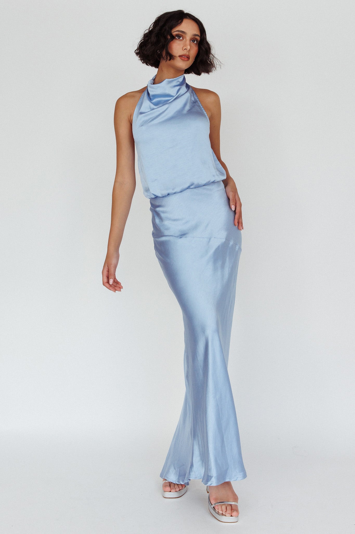 Amalfi Sunset Cowl Halterneck Maxi Dress Sky by Selfie Leslie Australia