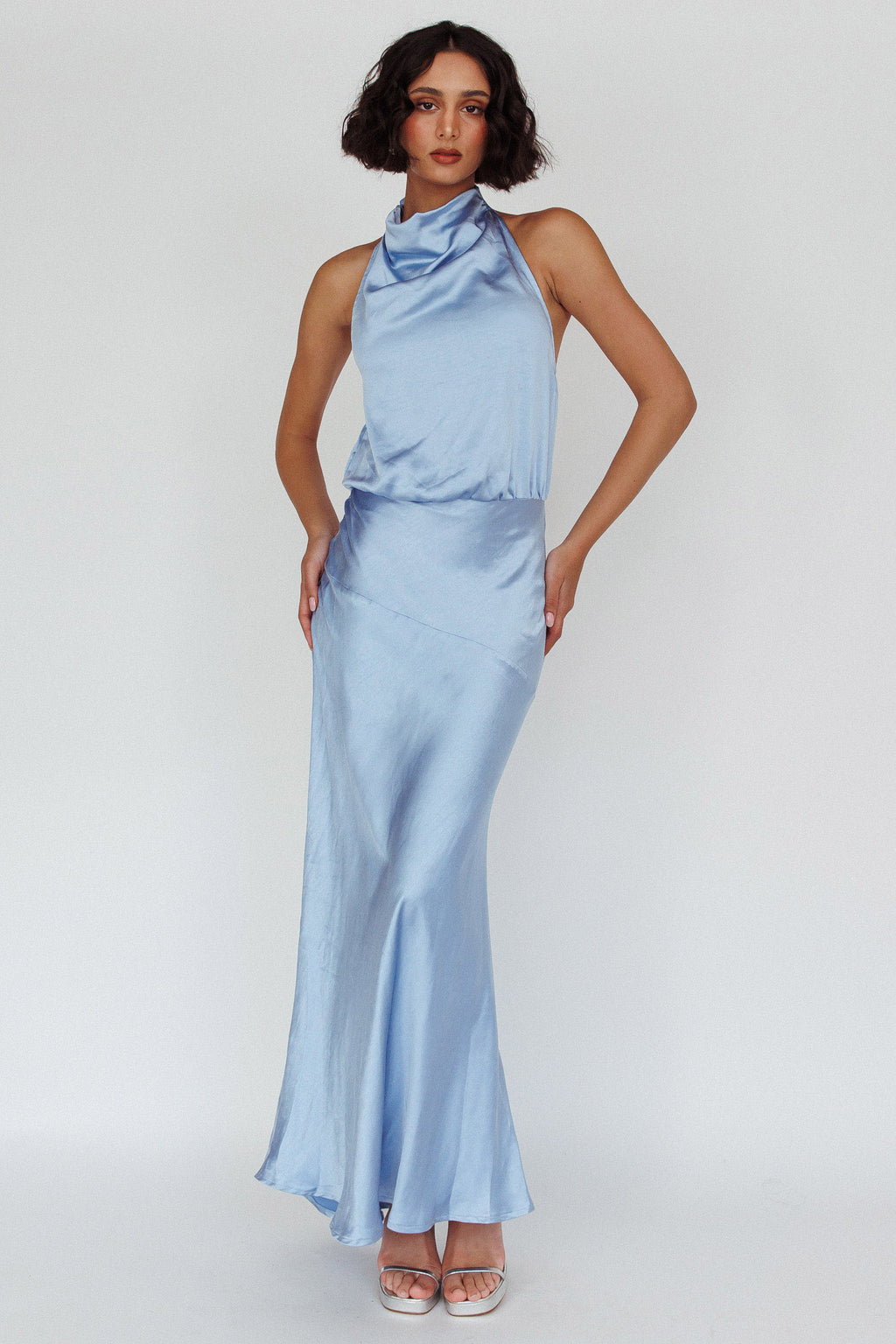 Amalfi Sunset Cowl Halterneck Maxi Dress Sky by Selfie Leslie Australia