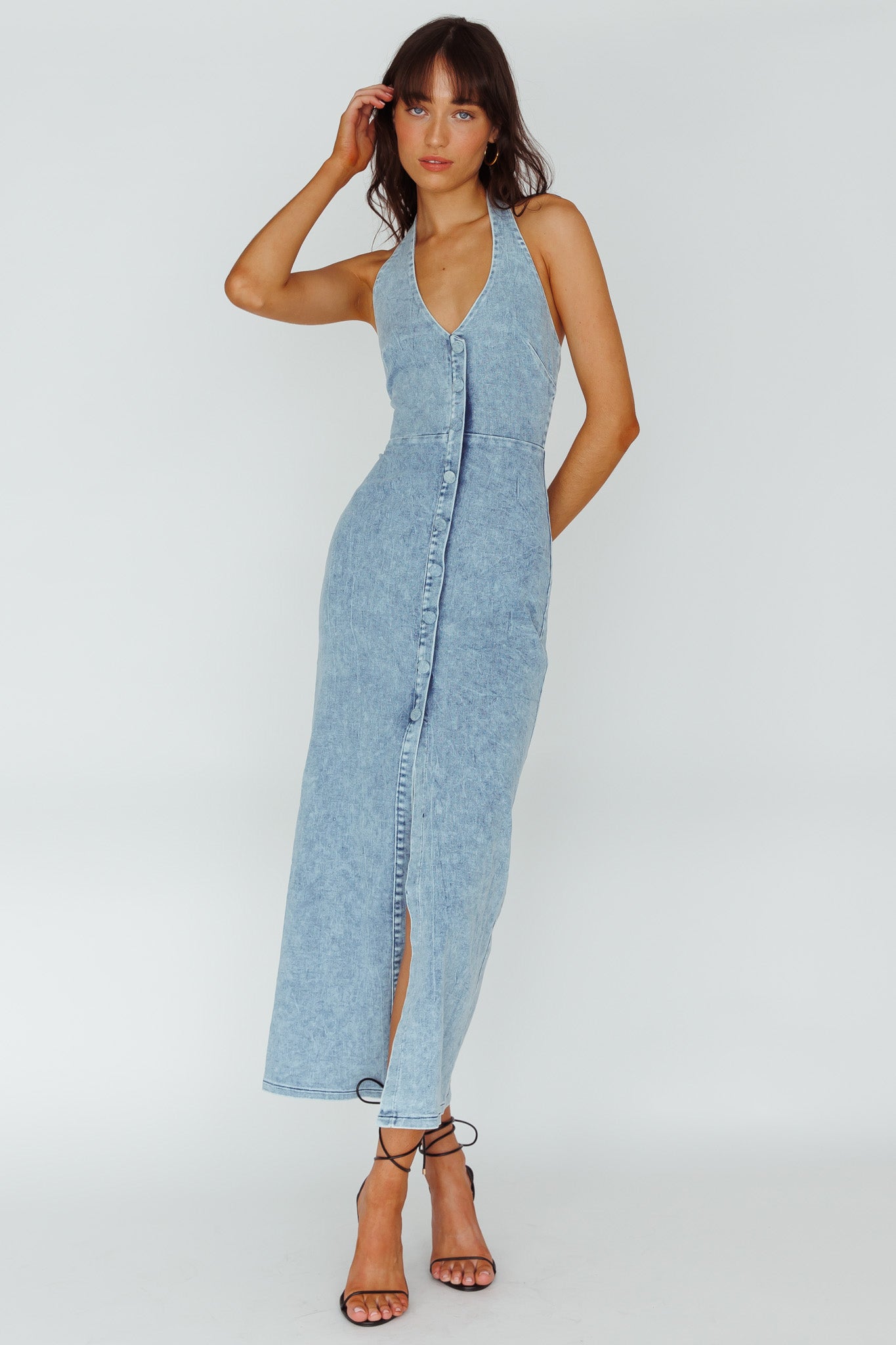 Renita Halterneck Button Maxi Dress Denim Blue by Selfie Leslie Australia