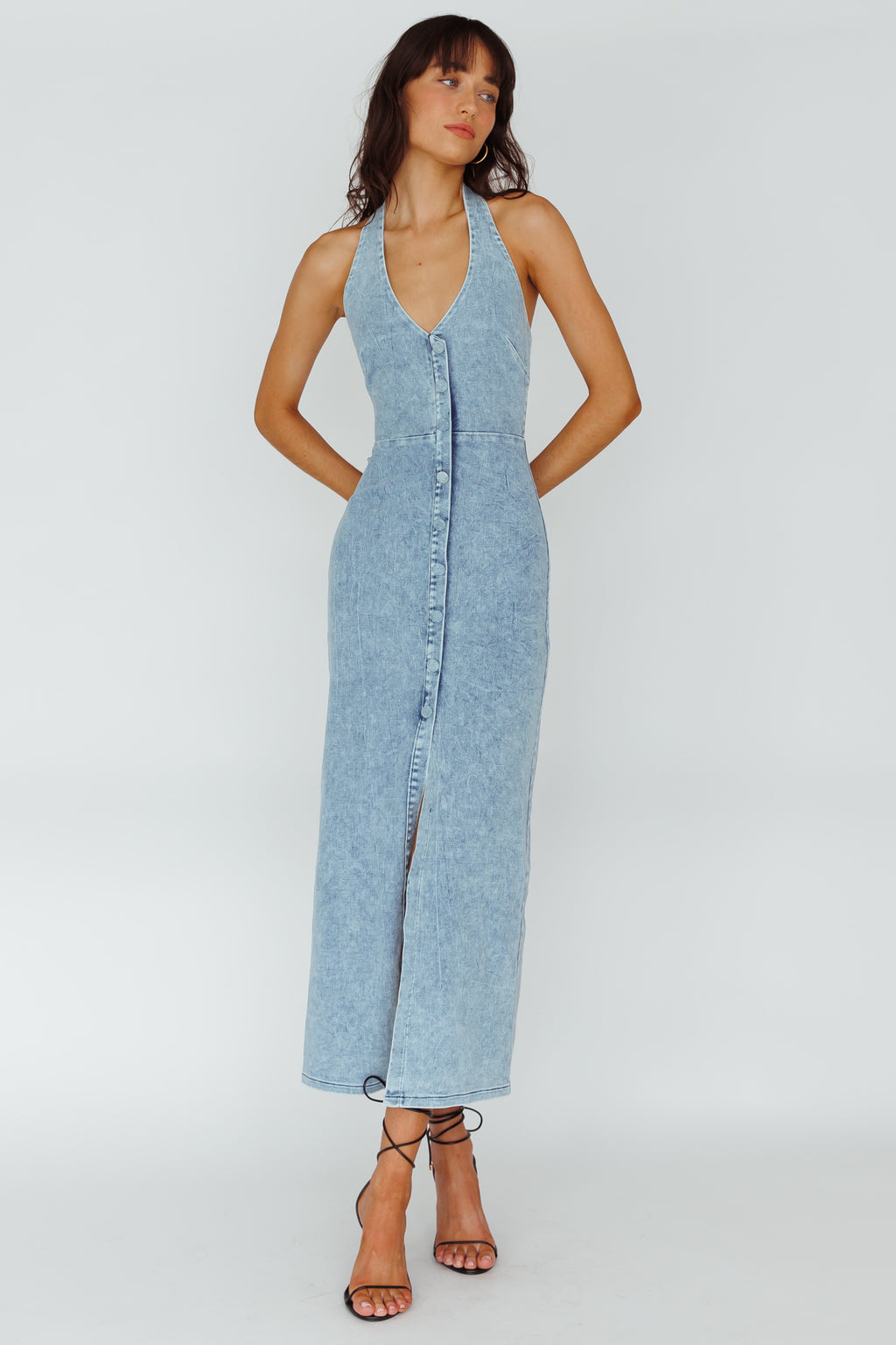 Renita Halterneck Button Maxi Dress Denim Blue by Selfie Leslie Australia
