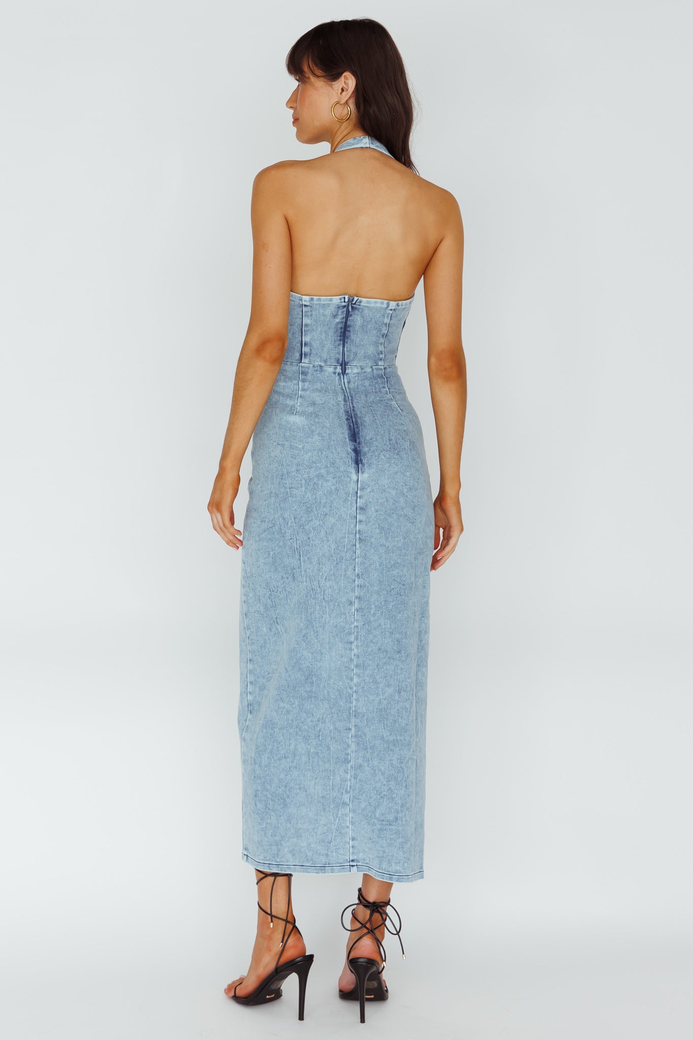 Renita Halterneck Button Maxi Dress Denim Blue by Selfie Leslie Australia