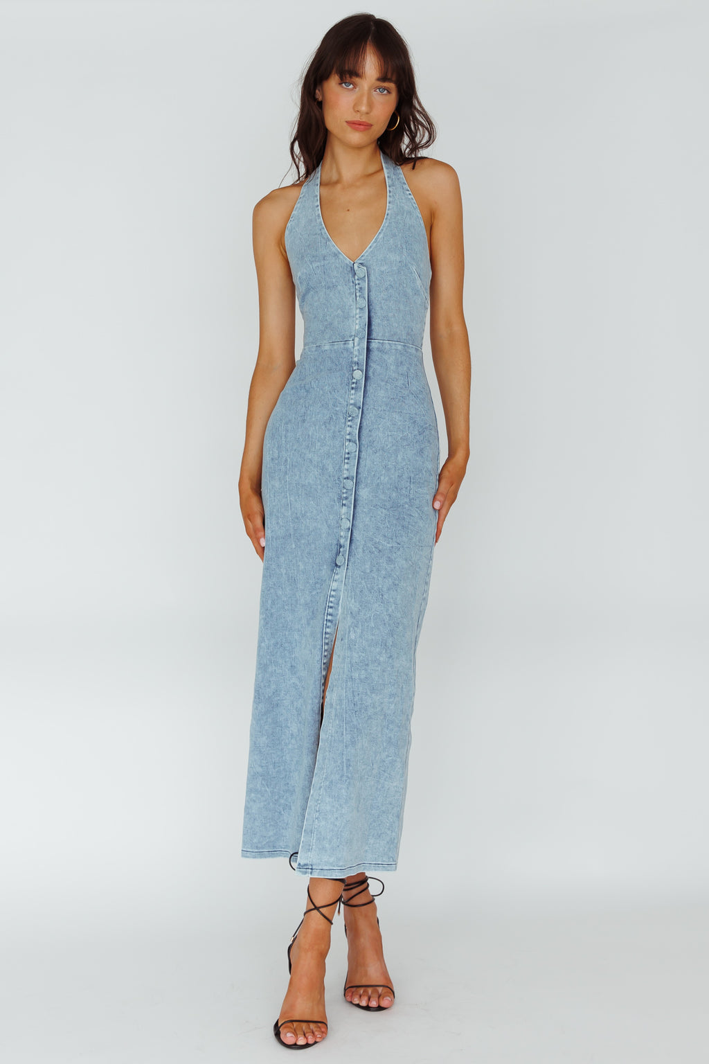 Renita Halterneck Button Maxi Dress Denim Blue by Selfie Leslie Australia