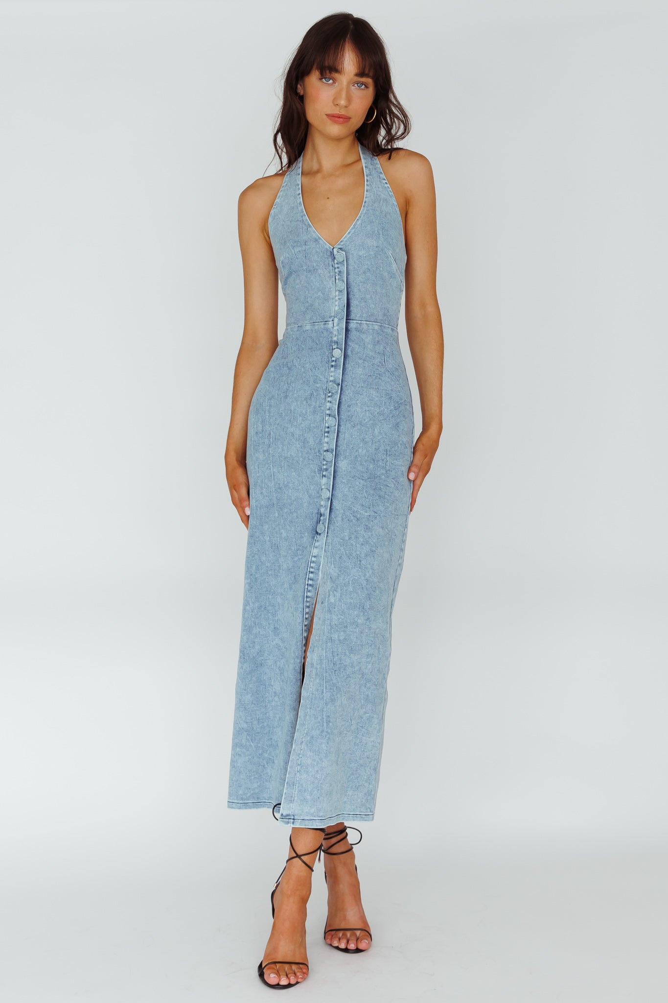 Renita Halterneck Button Maxi Dress Denim Blue by Selfie Leslie Australia