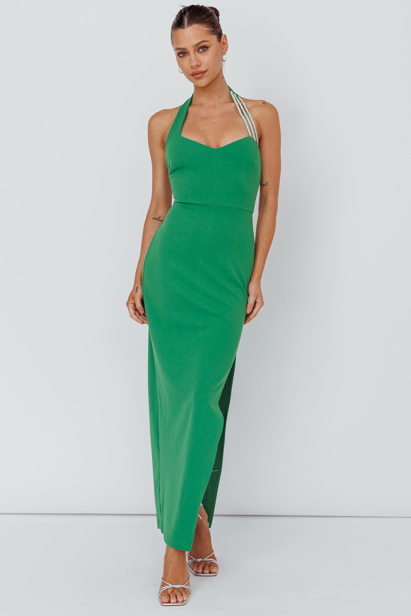 Shop the Leading Role Diamante Strap Halter Dress Green Selfie Leslie