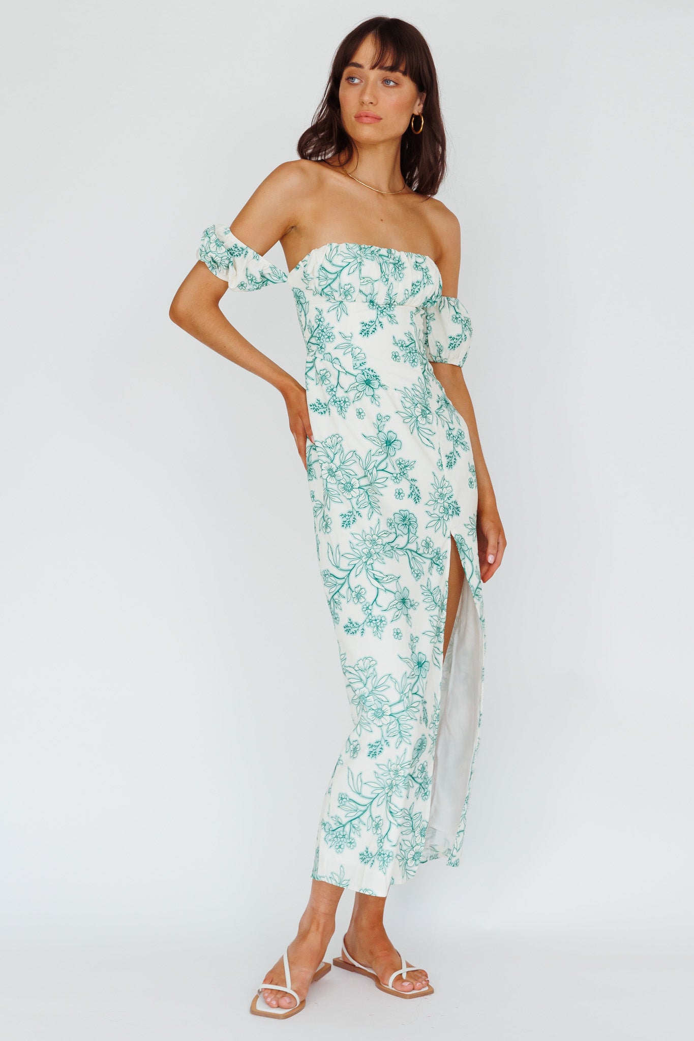 Olivier Off-Shoulder Midi Dress Floral Green by Selfie Leslie Australia