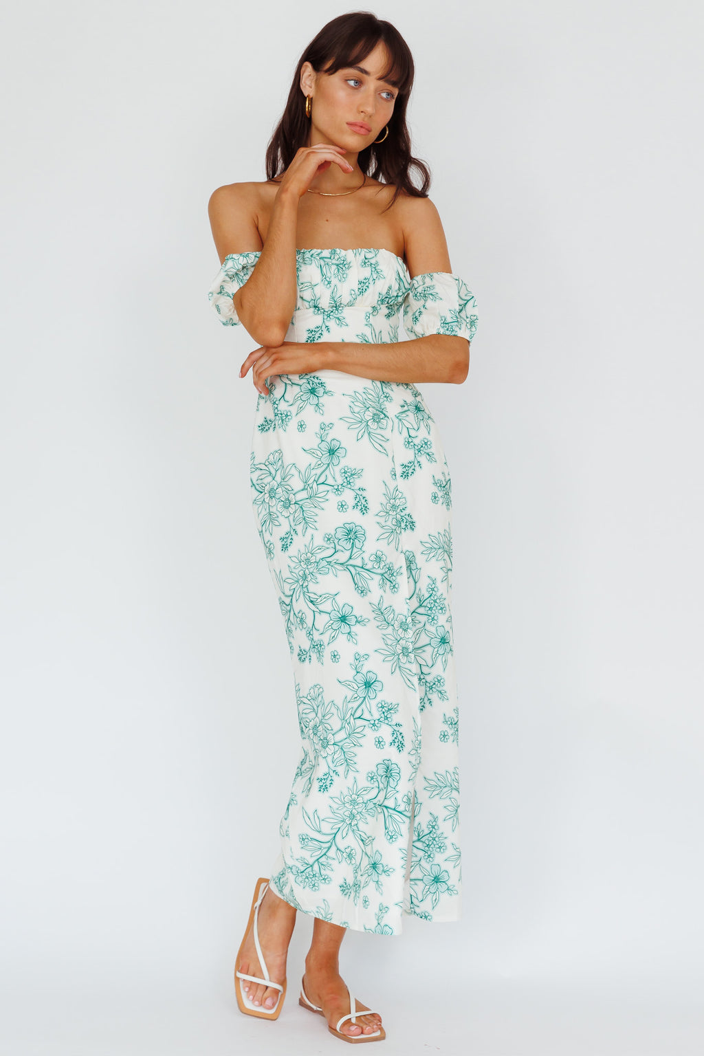 Olivier Off-Shoulder Midi Dress Floral Green by Selfie Leslie Australia