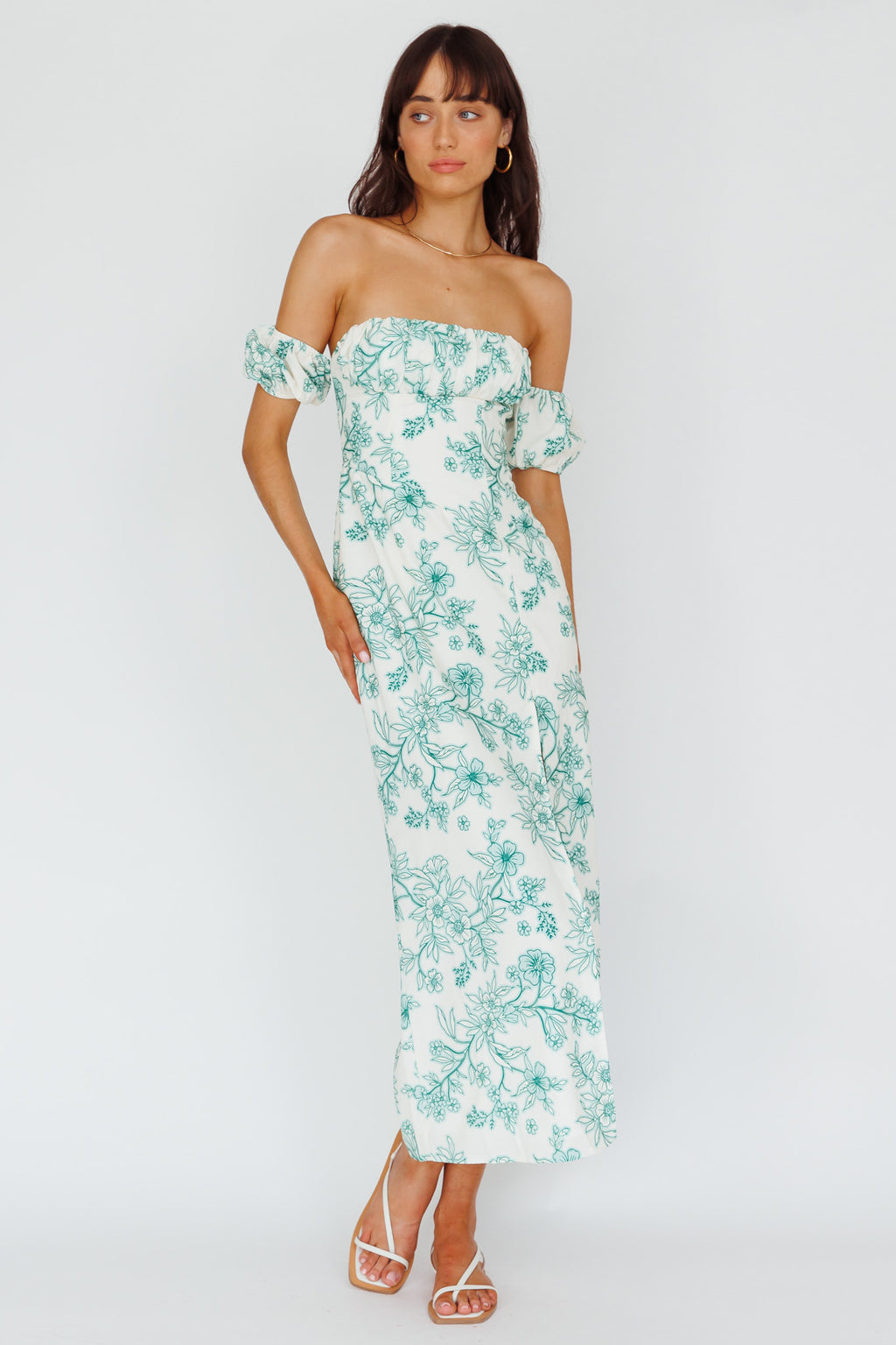 Olivier Off-Shoulder Midi Dress Floral Green by Selfie Leslie Australia