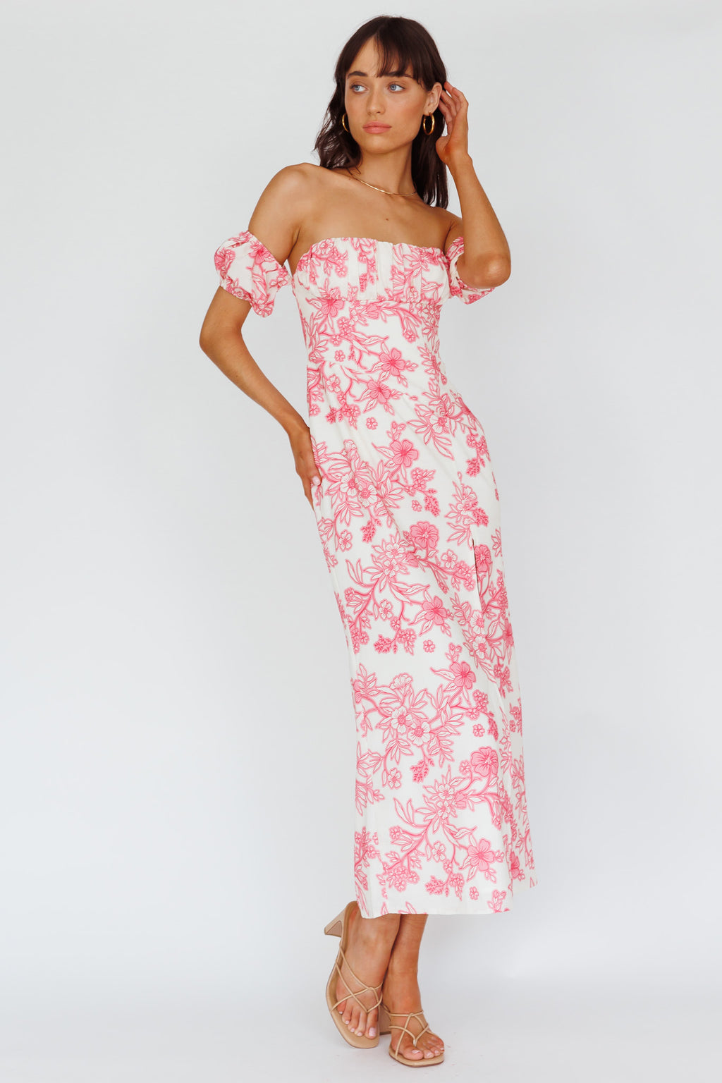 Olivier Off-Shoulder Midi Dress Floral Pink by Selfie Leslie Australia