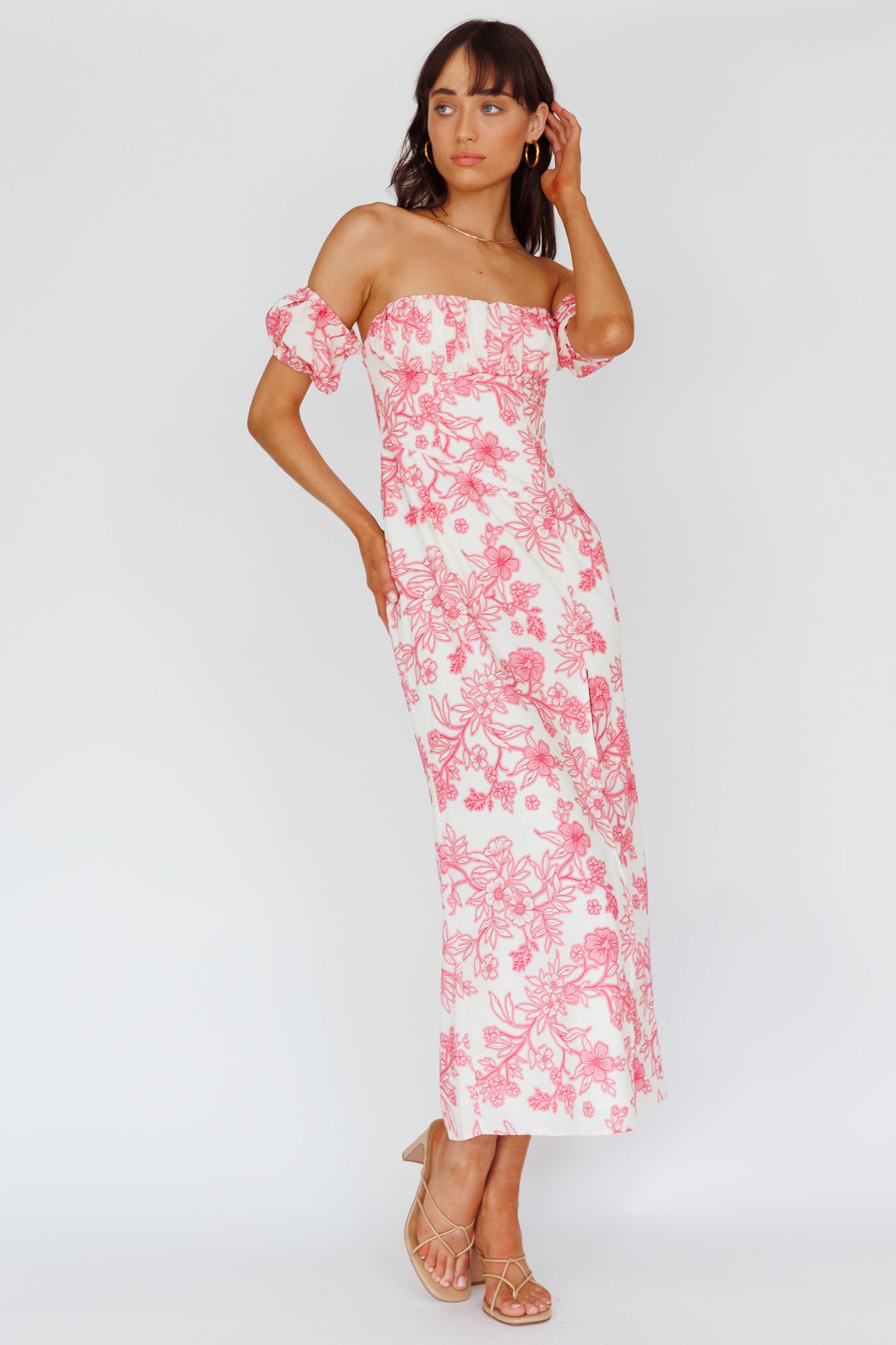 Olivier Off-Shoulder Midi Dress Floral Pink by Selfie Leslie Australia