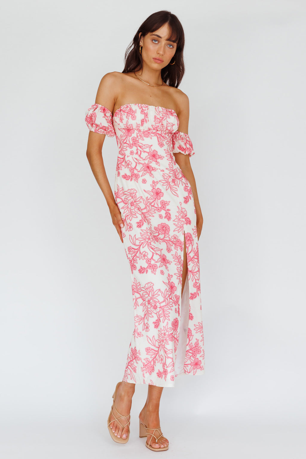 Olivier Off-Shoulder Midi Dress Floral Pink by Selfie Leslie Australia