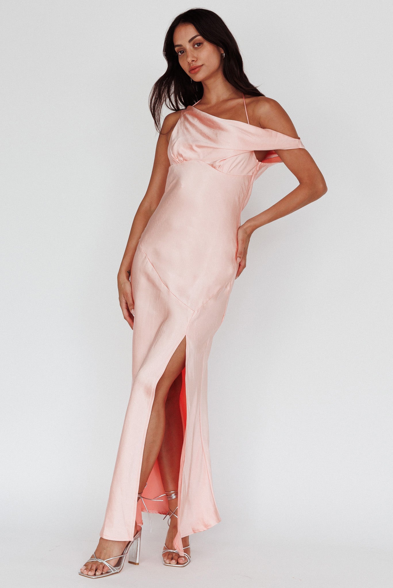 Etienne Off-Shoulder Halter Midi Dress Shimmer Pink by Selfie Leslie Australia