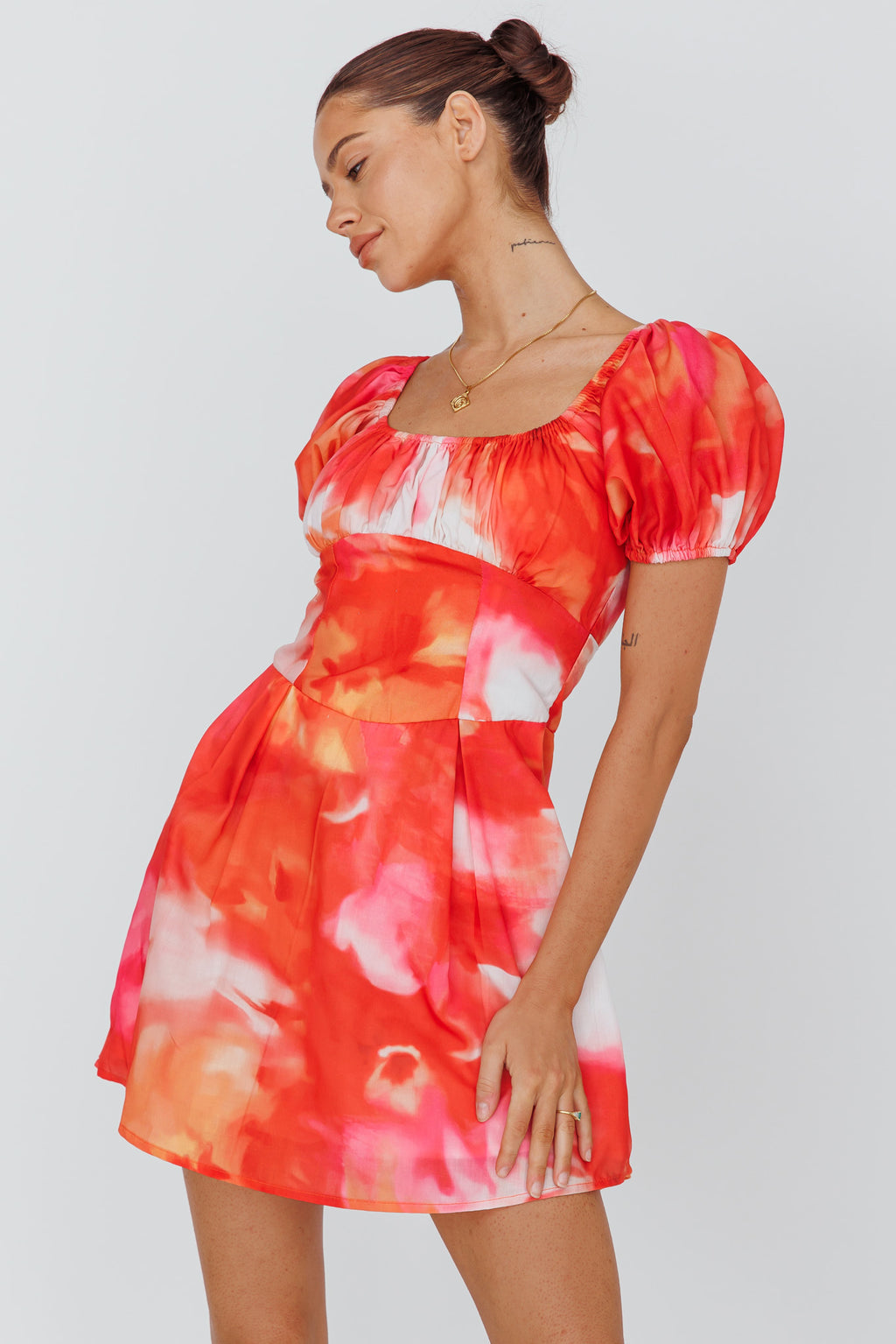 Shayna Puff Sleeve Mini Dress Print Red by Selfie Leslie Australia