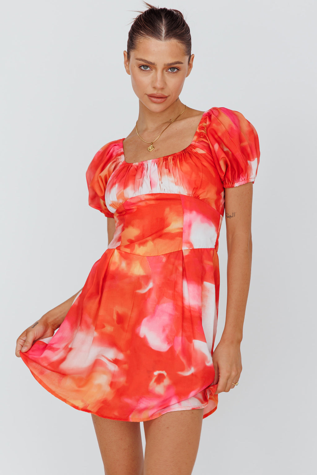 Shayna Puff Sleeve Mini Dress Print Red by Selfie Leslie Australia