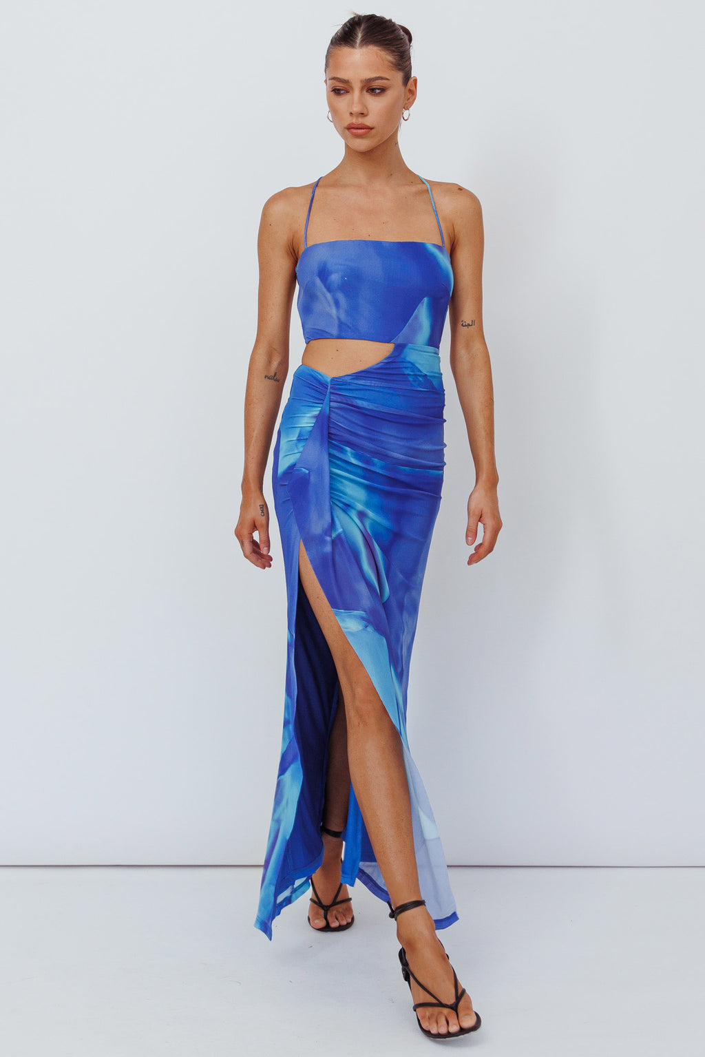 Alejandre Cut-Out Tied Maxi Dress Print Blue by Selfie Leslie Australia