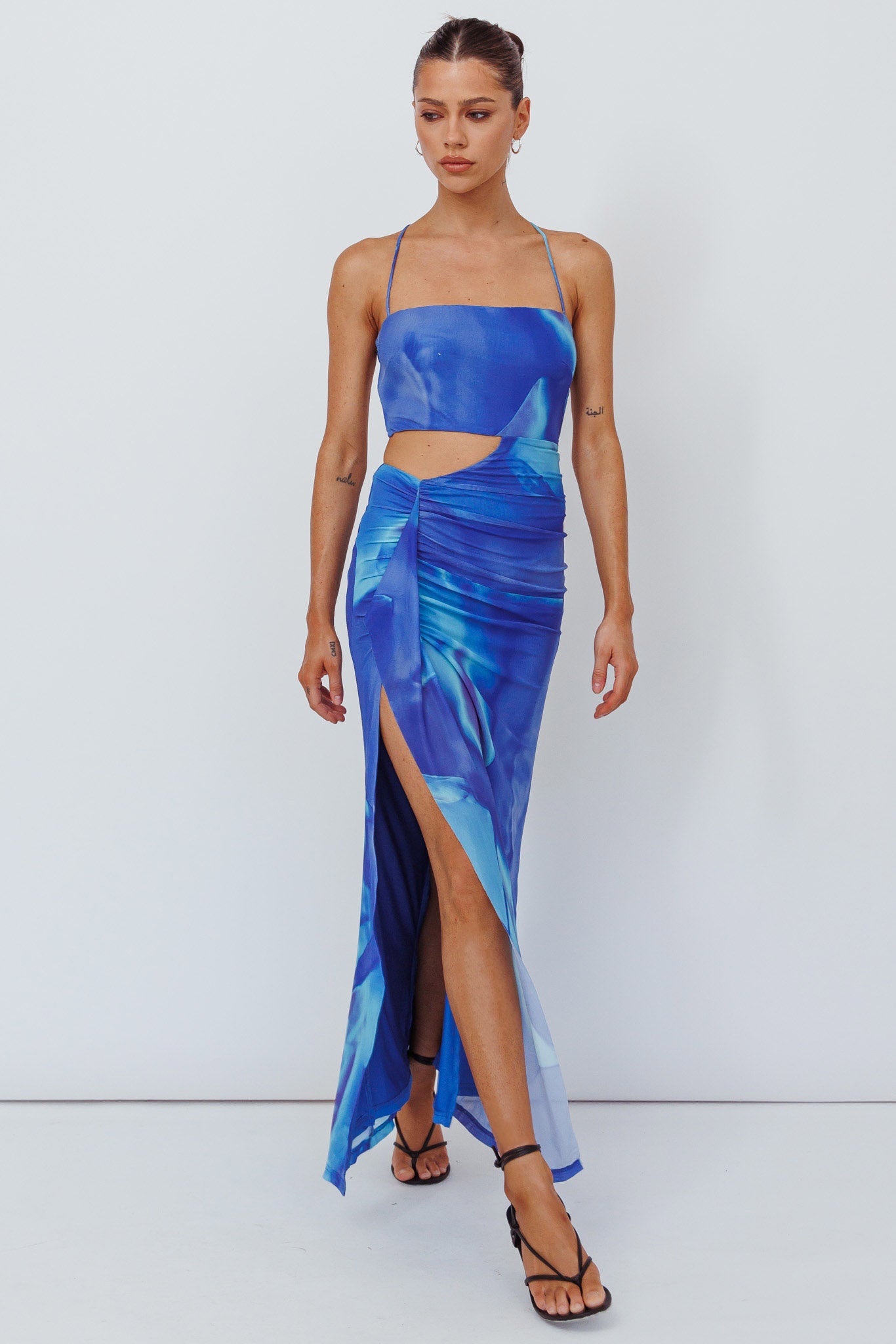 Alejandre Cut-Out Tied Maxi Dress Print Blue by Selfie Leslie Australia