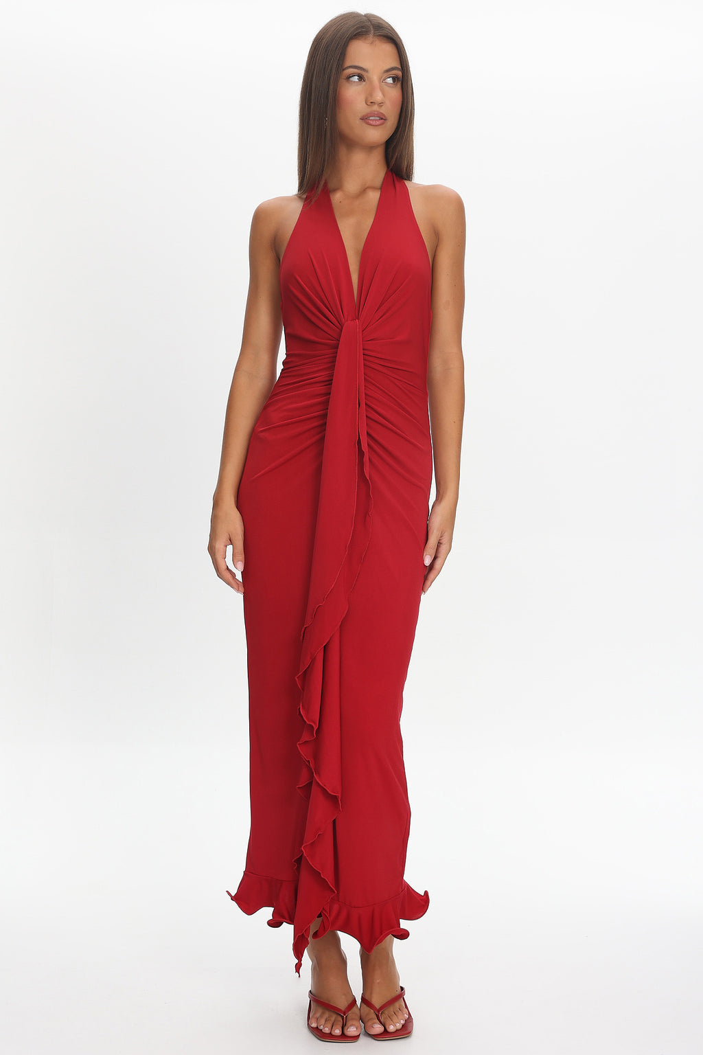 Ray Of Light Ruched Halterneck Maxi Dress Wine by Selfie Leslie Australia